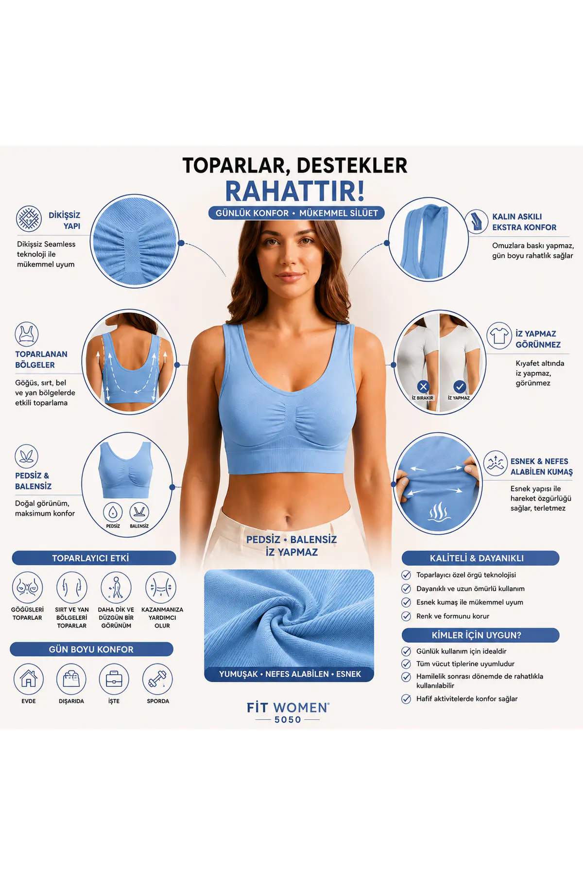 Göğüs Toparlayıcı Dikişsiz Seamless Büstiyer Korse – Kalın Askılı Pedsiz Balensiz Toparlayıcı Sütyen 5050 Mavi