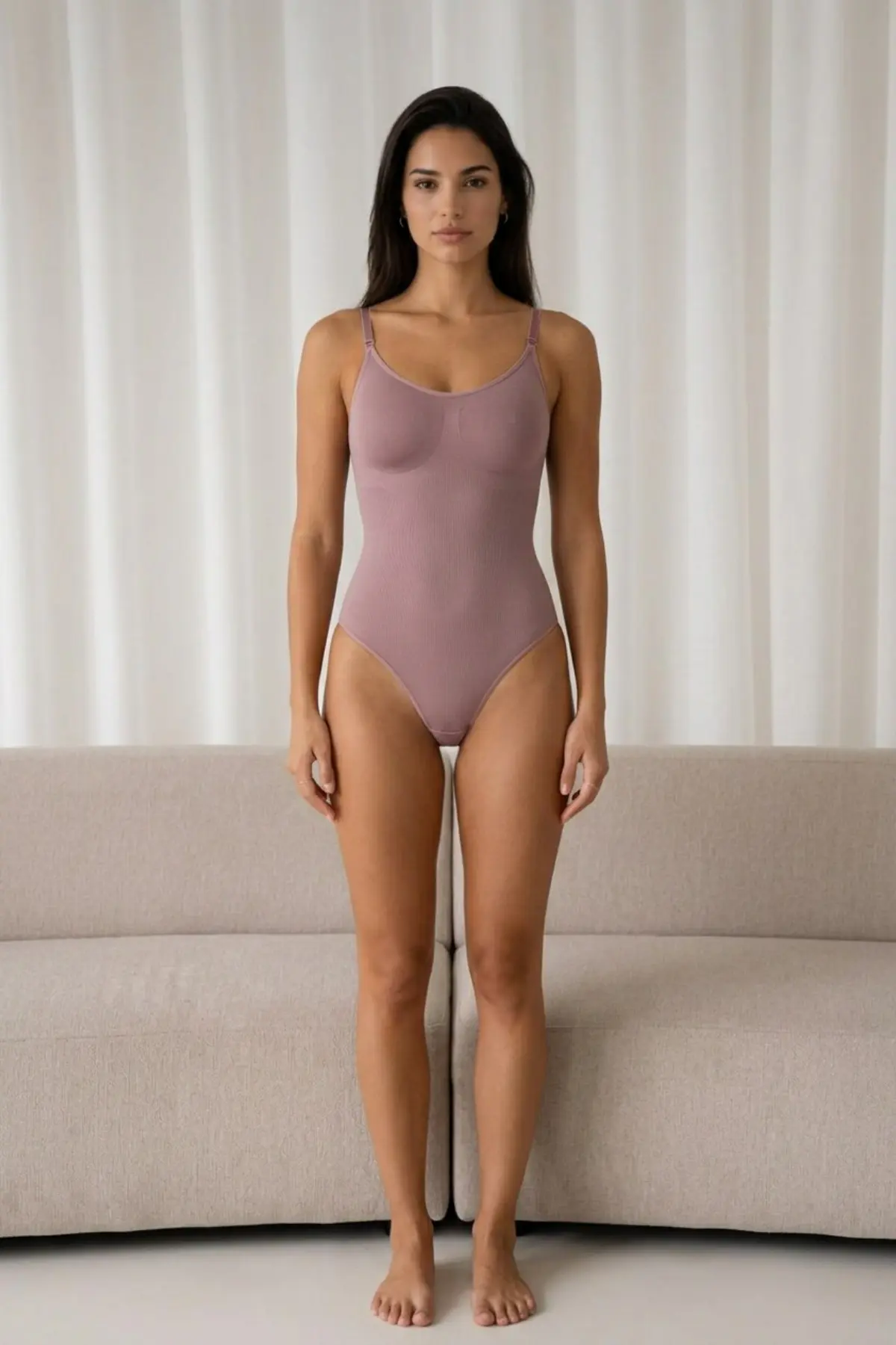 Kadın Kapsız Cırt Cırtlı Düz Desen Gül Kurusu Body