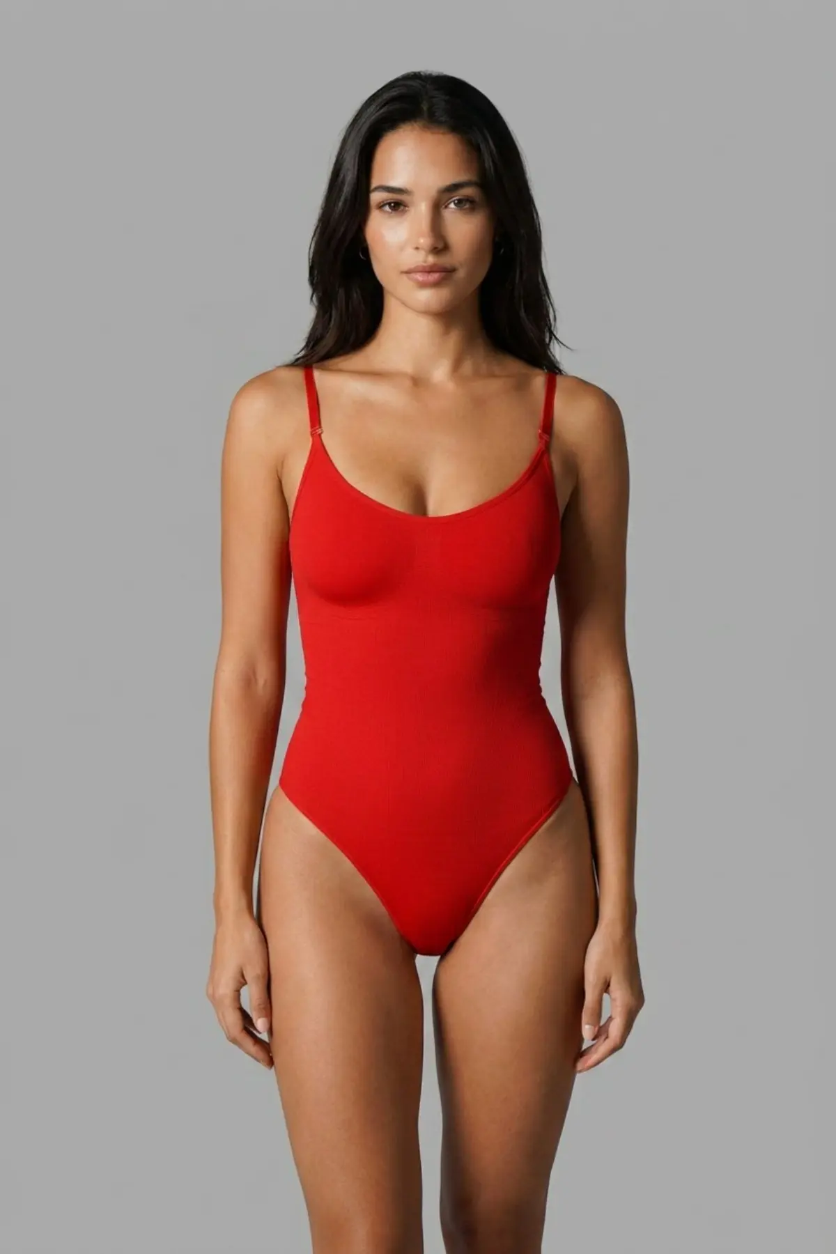 Kadın Kapsız Cırt Cırtlı Düz Desen Kırmızı Body