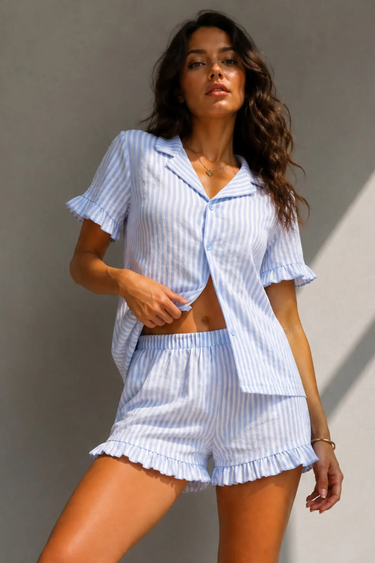 Kadın Süprem Gömlek Şort Düğme Mavi Pijama Takımı