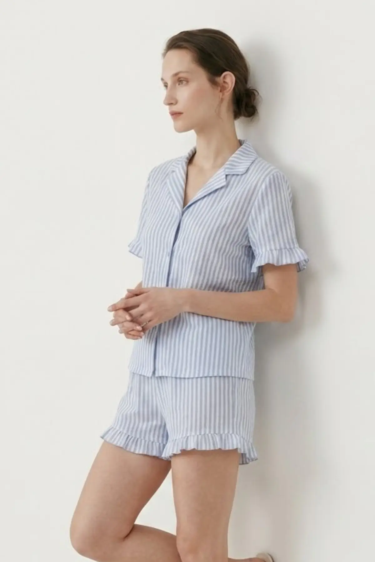 Kadın Relaxed Lastikli Mavi Pijama Takımı