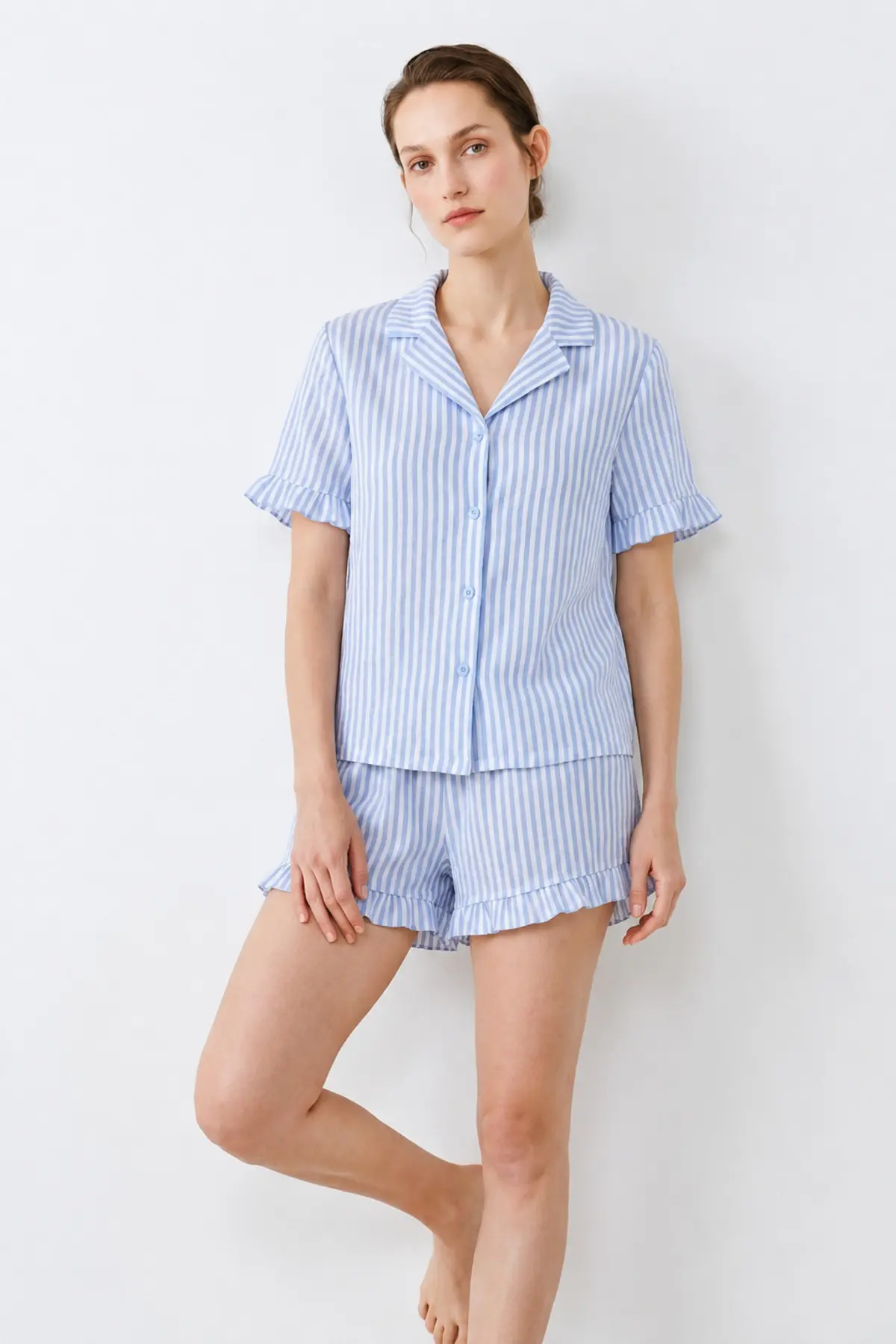 Kadın Relaxed Lastikli Mavi Pijama Takımı