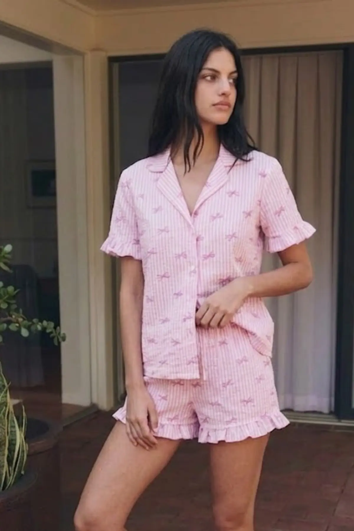 Kadın Esnek Şortlu Bol Pembe Pijama Takımı