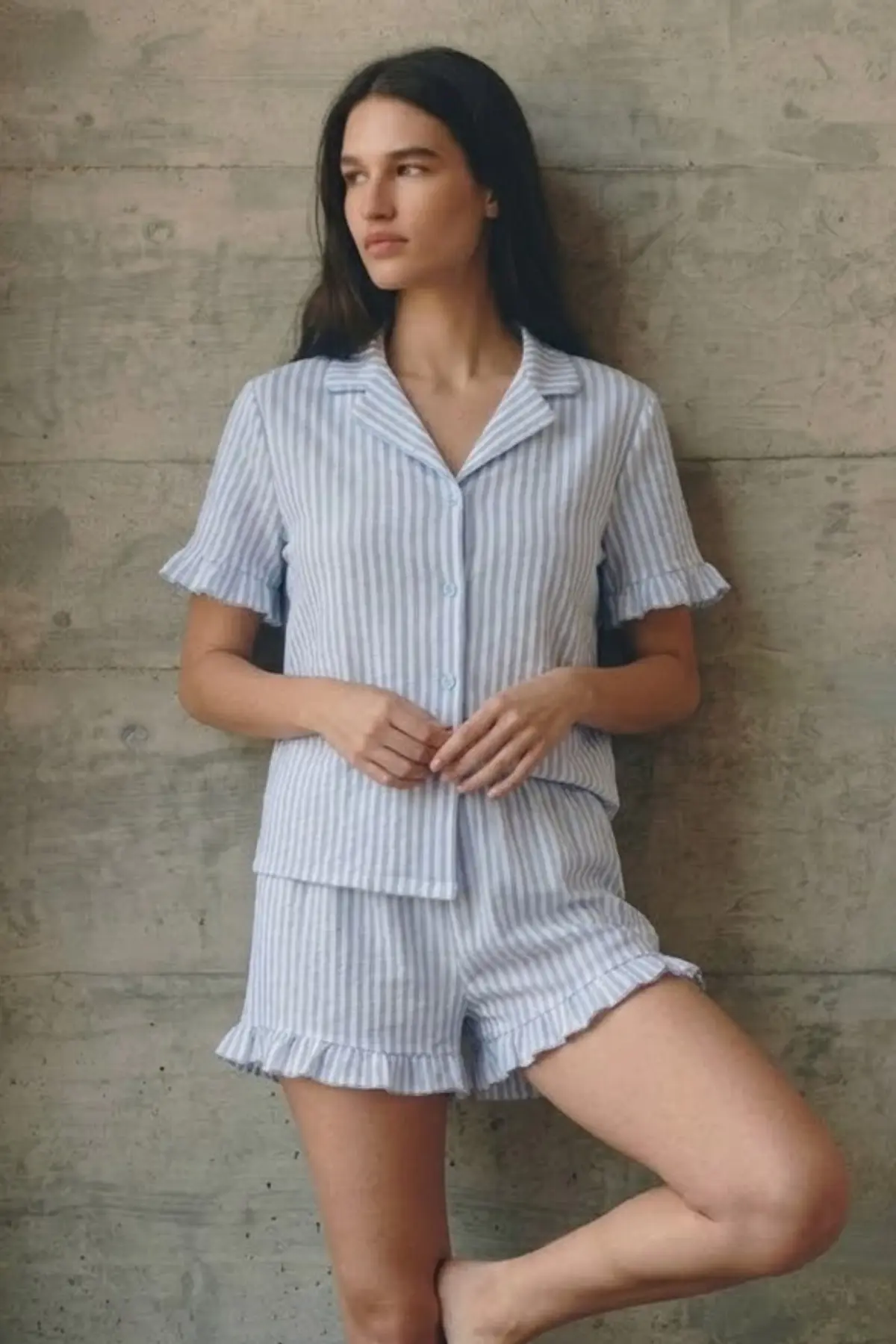 Kadın V Yaka Comfort Fit Mavi Pijama Takımı