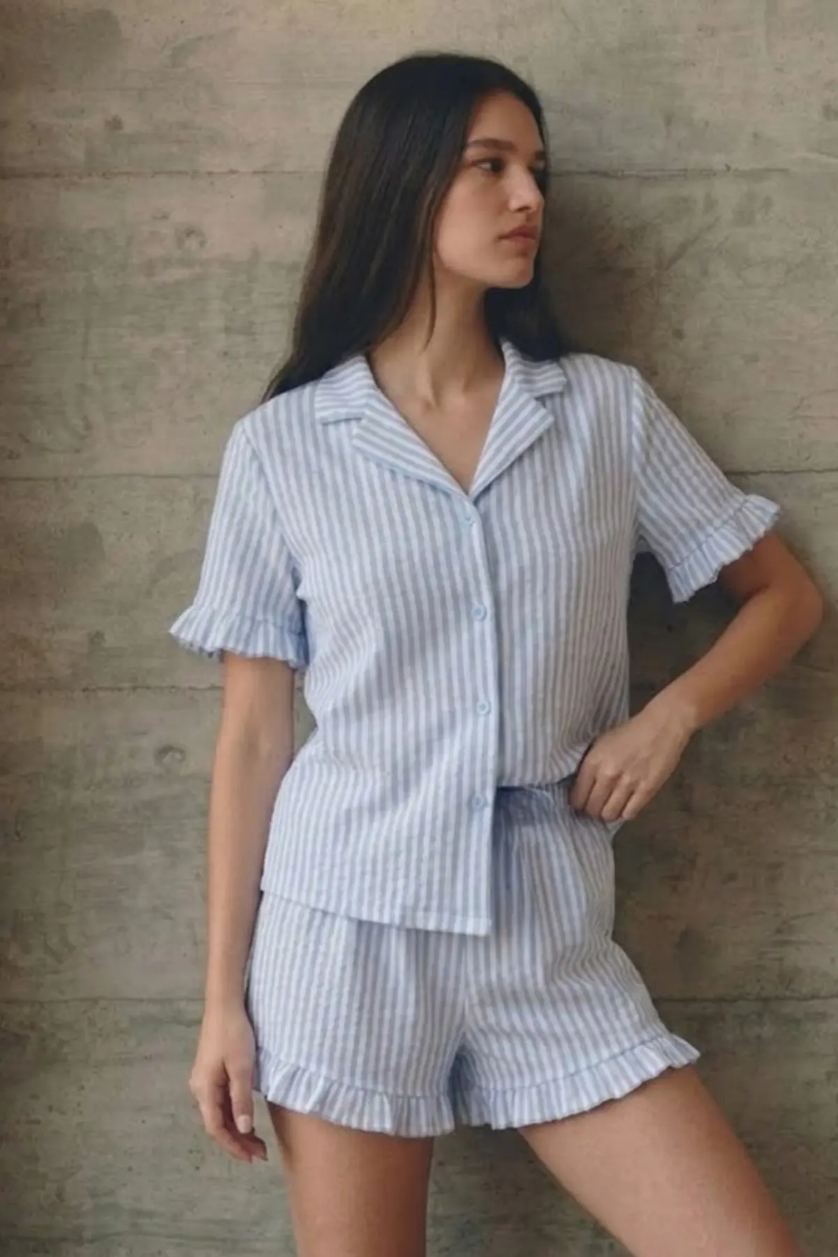 Kadın V Yaka Comfort Fit Mavi Pijama Takımı