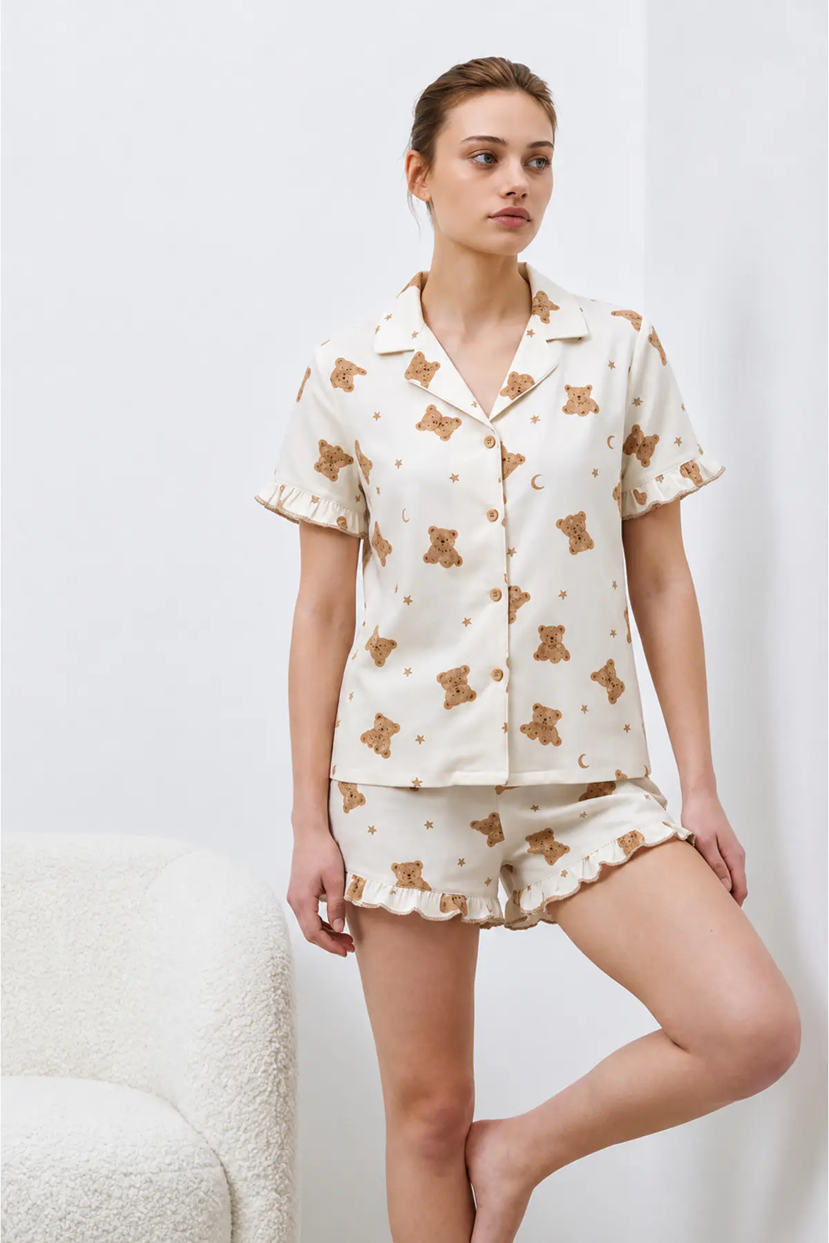 Kadın Premium Fırfırlı Kar Beeyaz Pijama Takımı Kar beyaz