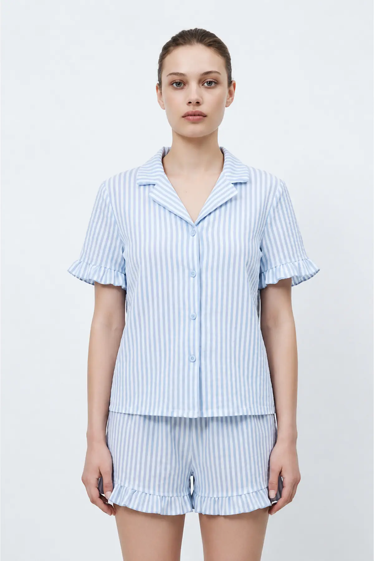 Kadın Premium Fırfırlı Mavi Pijama Takımı