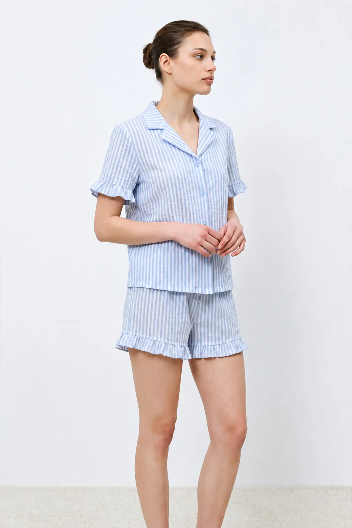 Kadın Premium Fırfırlı Mavi Pijama Takımı