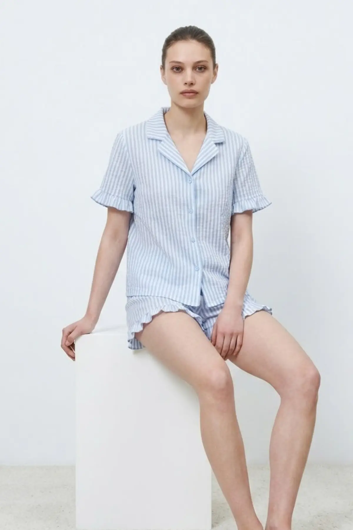 Kadın Premium Fırfırlı Mavi Pijama Takımı