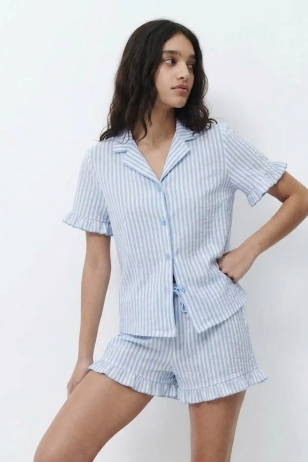 Kadın Desenli Trend Mavi Pijama Takımı