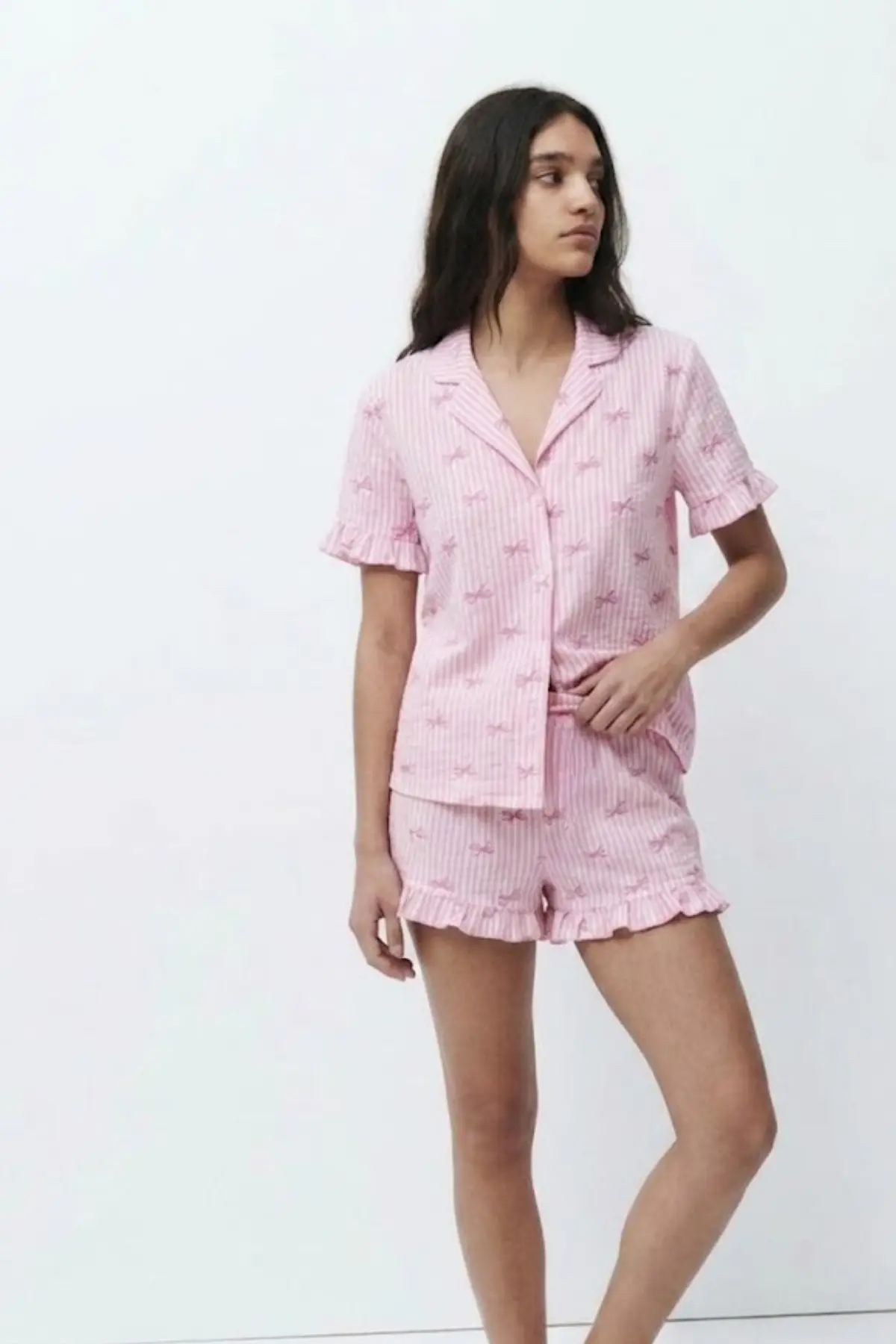 Kadın Desenli Trend Pembe Pijama Takımı
