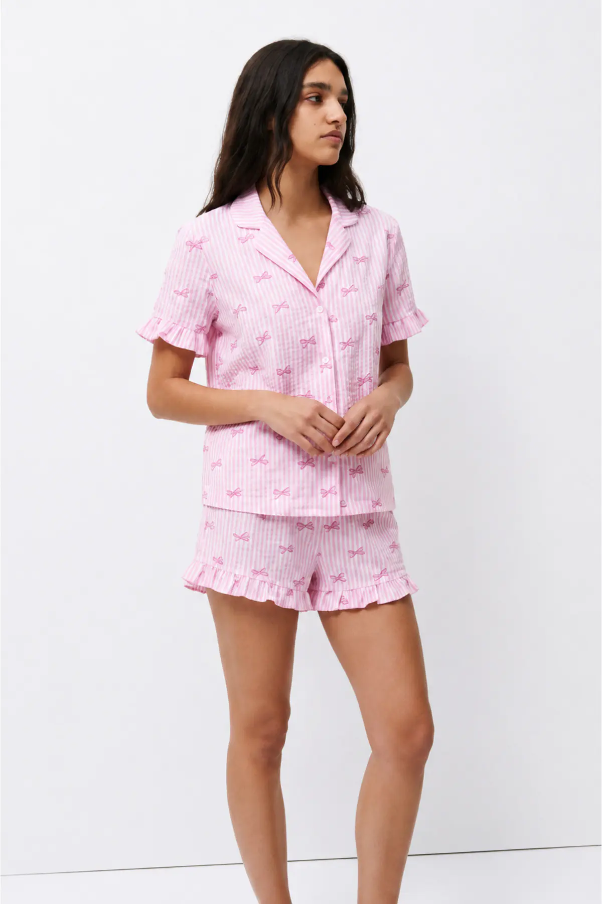 Kadın Desenli Trend Pembe Pijama Takımı