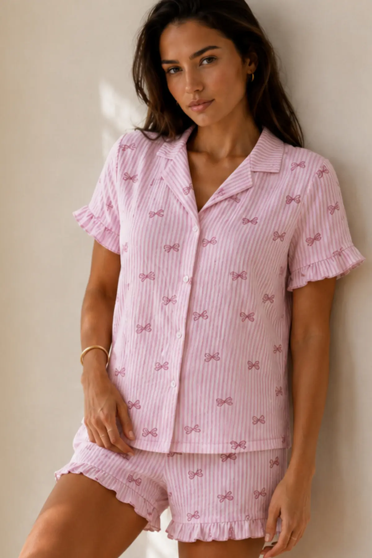 Kadın Düz Pamuk Homewear Pembe Pijama Takımı