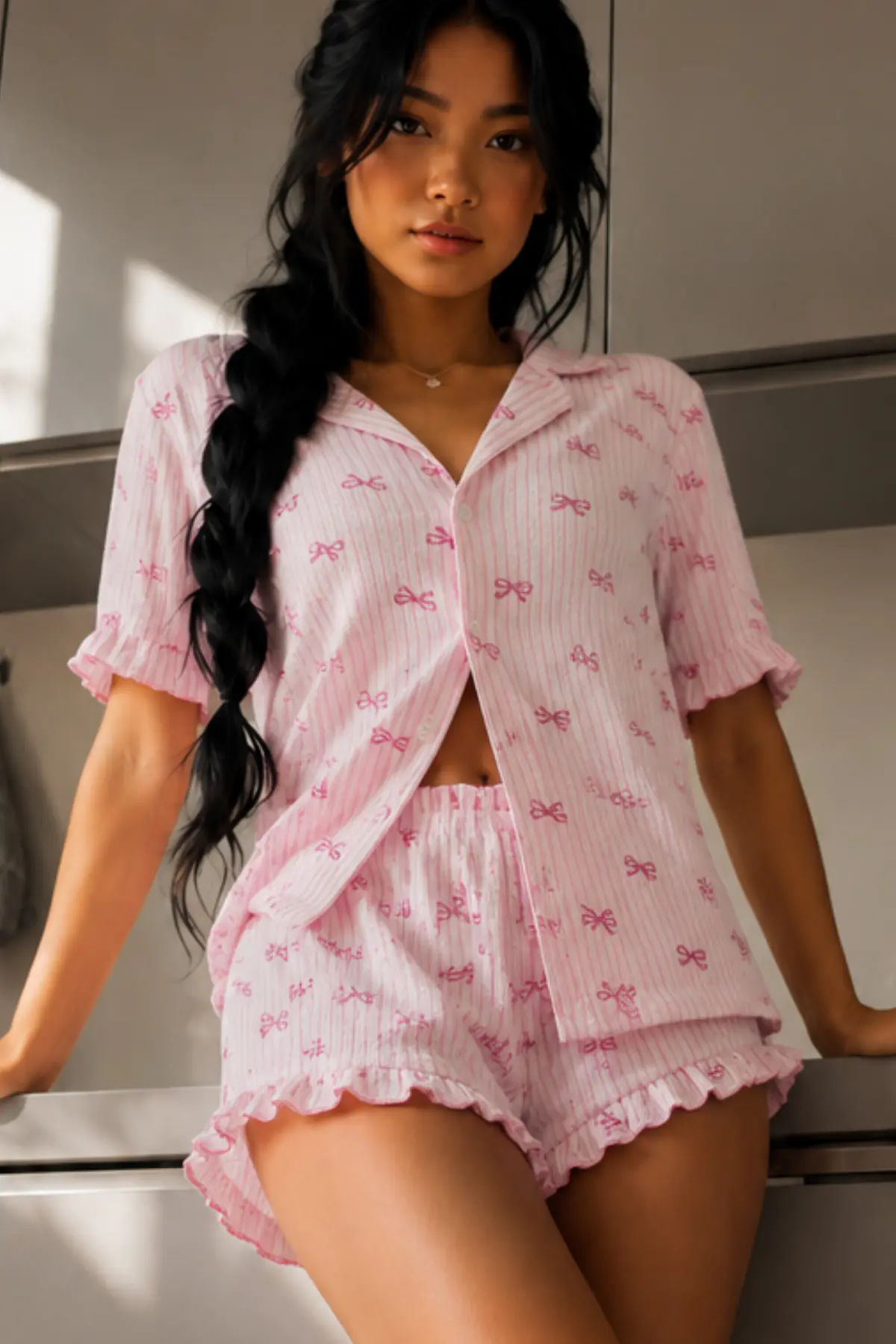 Kadın Cool Elastanlı Pembe Pijama Takımı Yazlık
