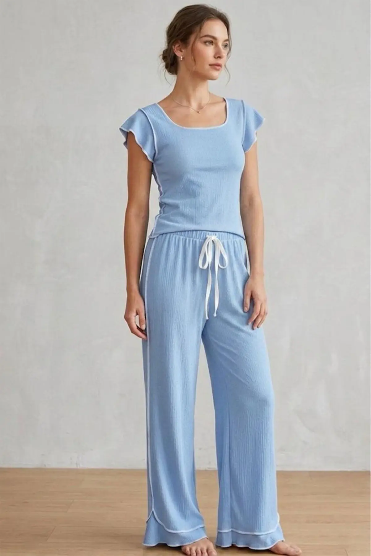 Fırfır Detaylı Bürümcük Kumaşlı Kısa Kollu Pijama Takımı 6022 Mavi