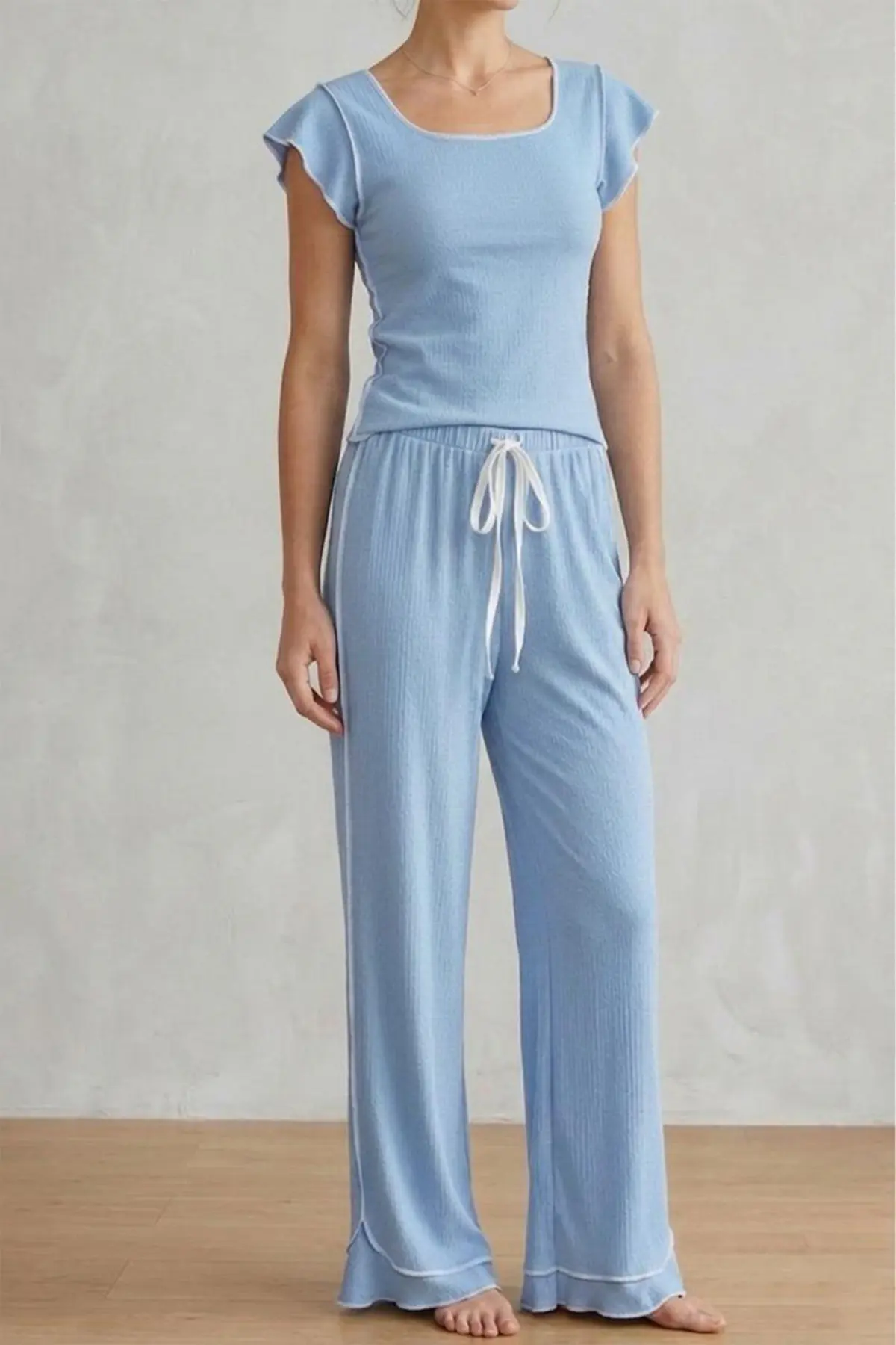Fırfır Detaylı Bürümcük Kumaşlı Kısa Kollu Pijama Takımı 6022 Mavi