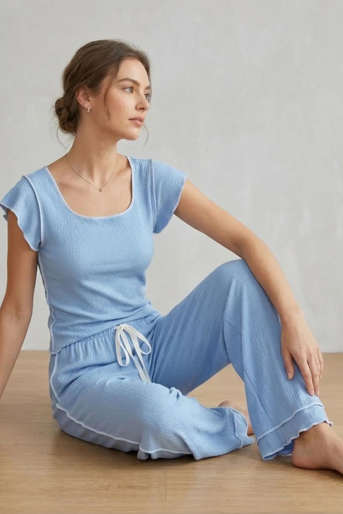 Fırfır Detaylı Bürümcük Kumaşlı Kısa Kollu Pijama Takımı 6022 Mavi