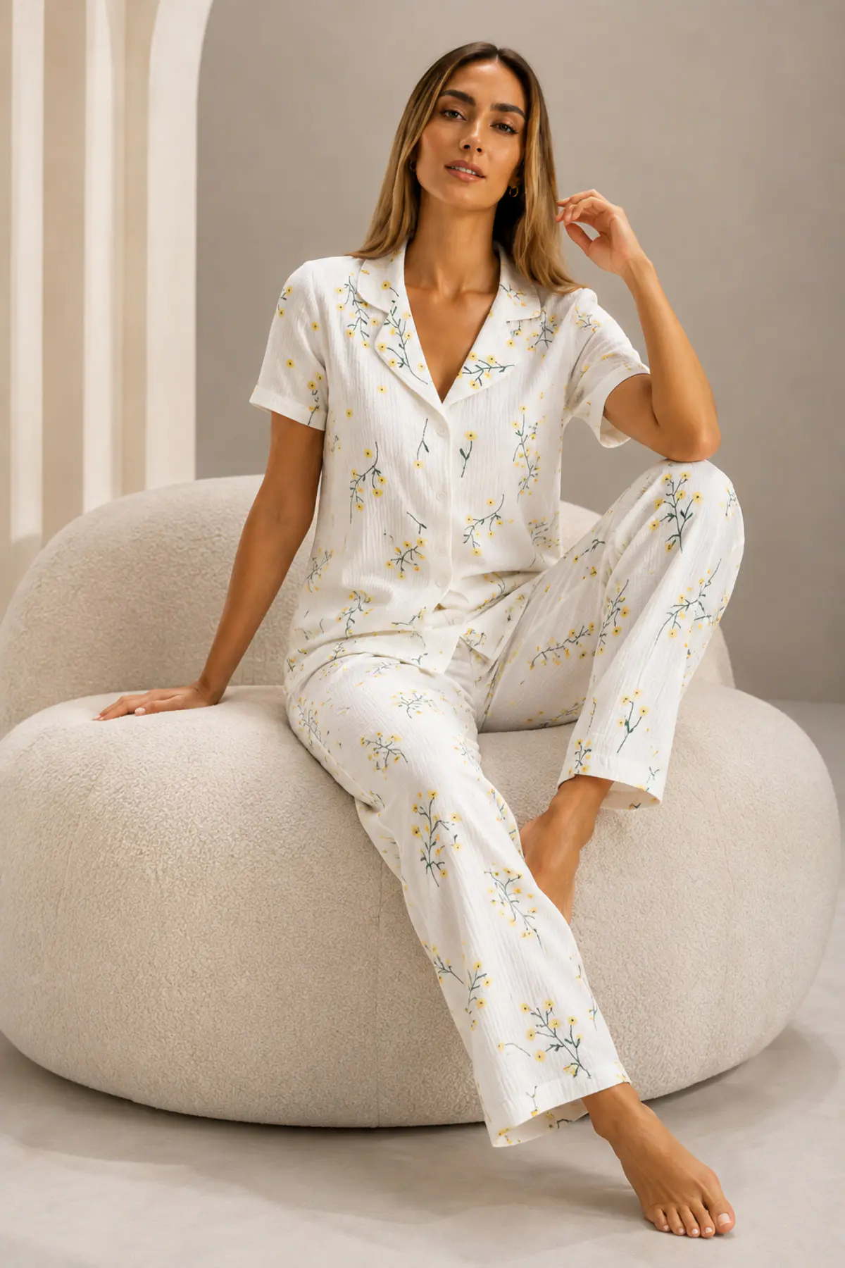Kadın Kısa Kol Rahat Kalıp Şık Çok Renkli Pijama Takımı