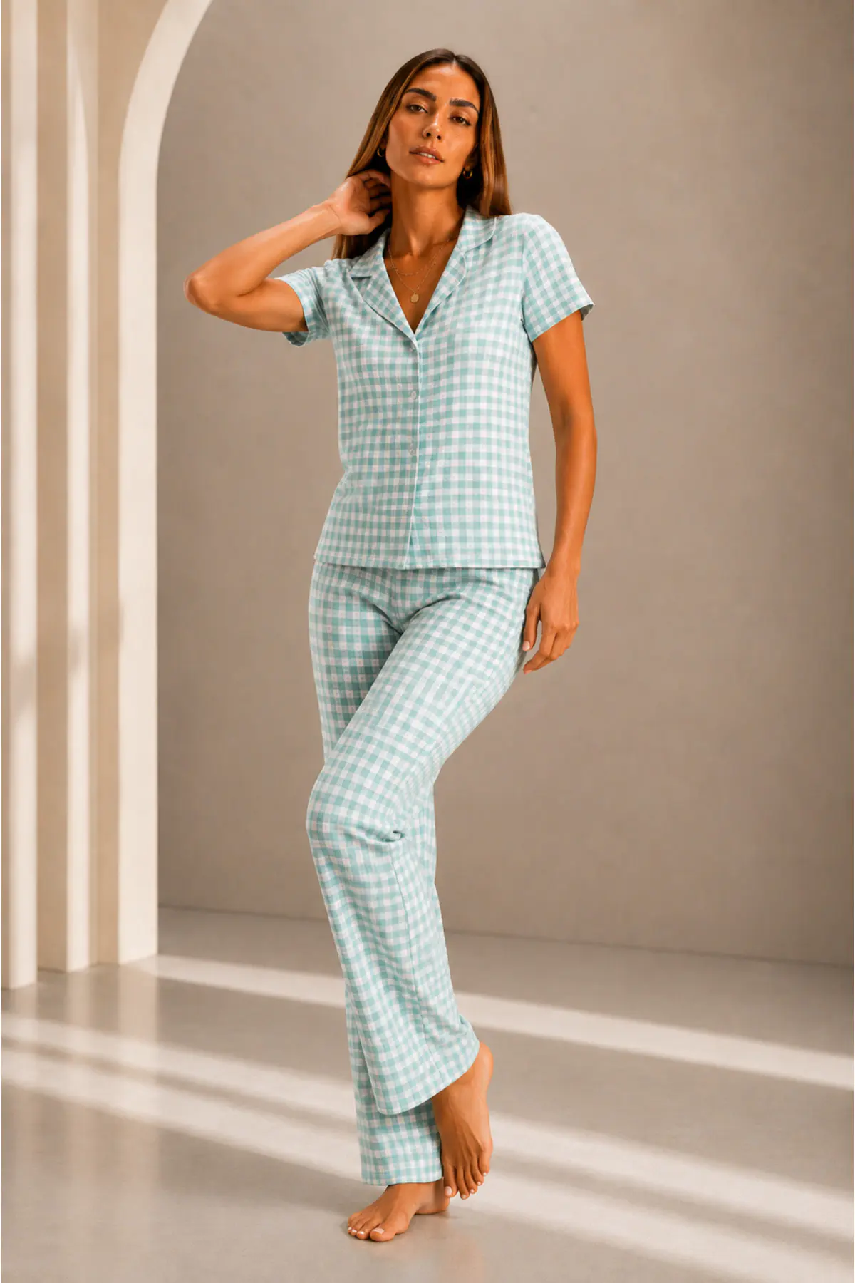 Kadın Kısa Kol Rahat Kalıp Şık Su Yeşili Pijama Takımı