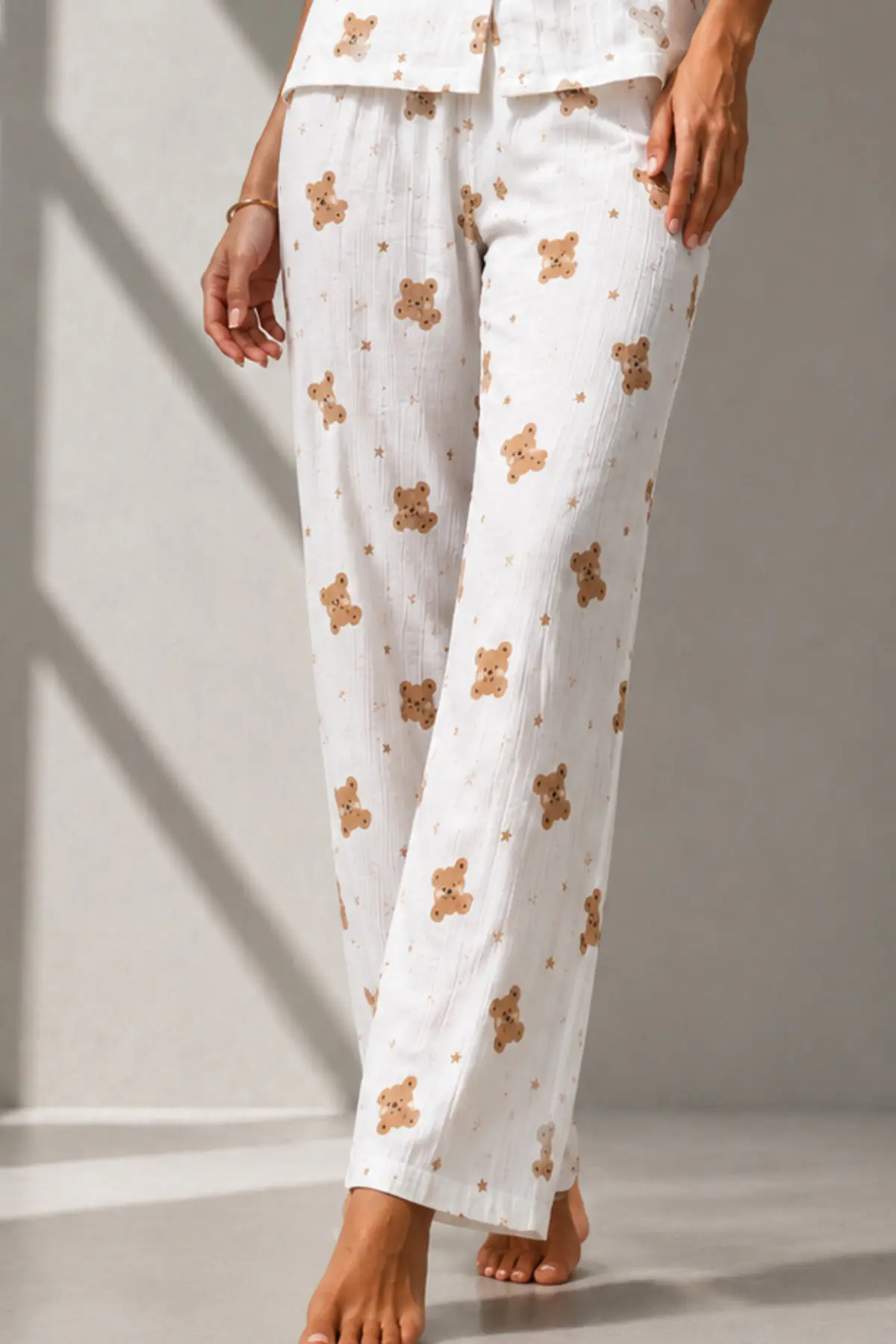 Kadın Klasik Doğal Düğme Gece Kırık Beyaz Pijama Takımı