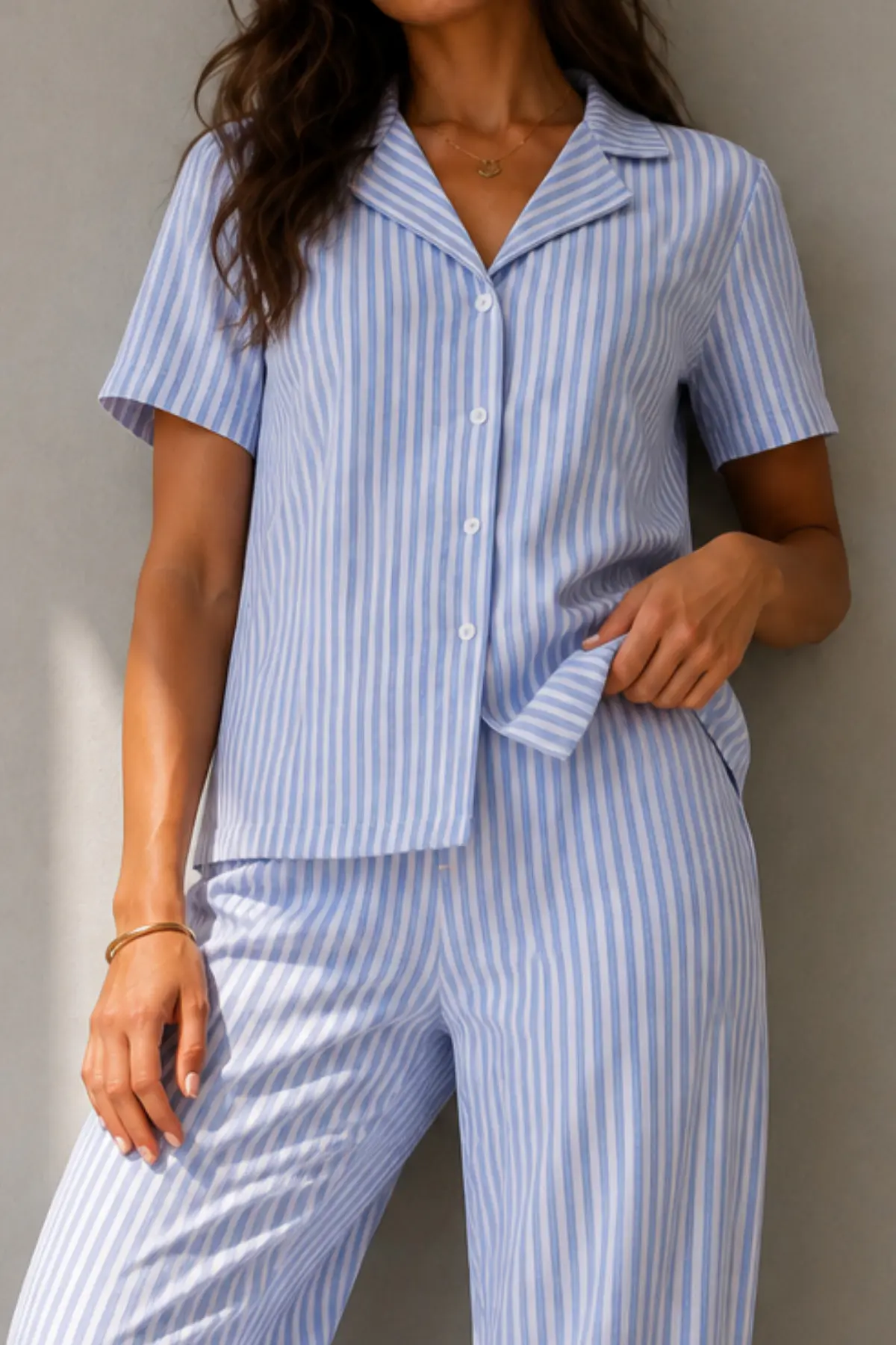 Kadın Klasik Doğal Düğme Gece Mavi Pijama Takımı
