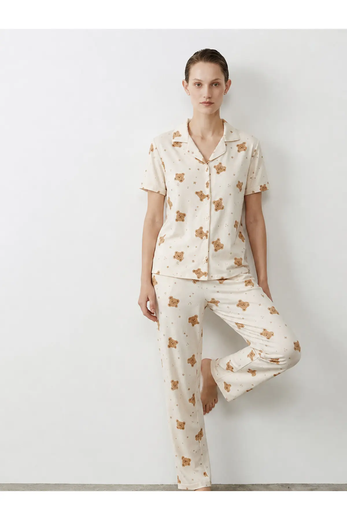 Regular V Yaka Günlük Kırık Beyaz Pijama Takımı