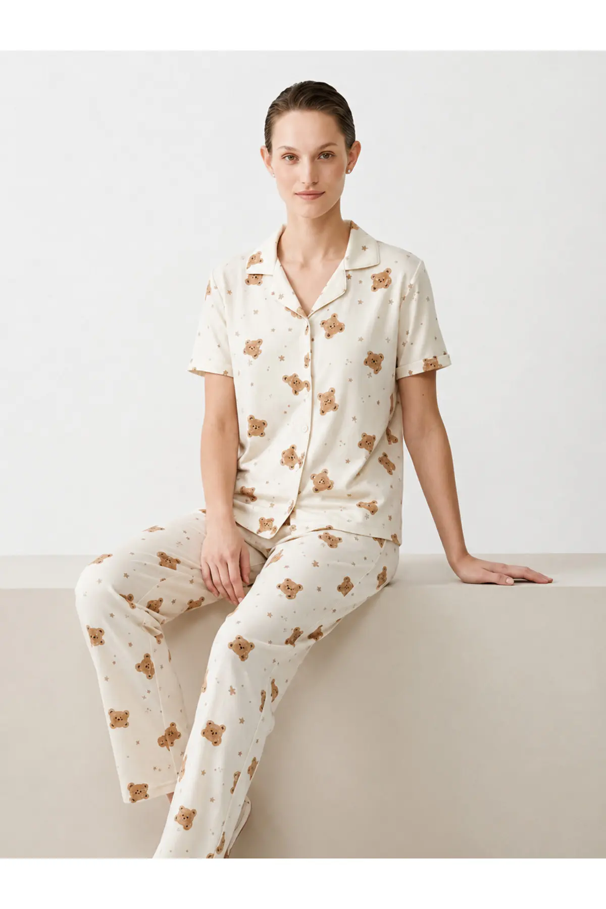Regular V Yaka Günlük Kırık Beyaz Pijama Takımı