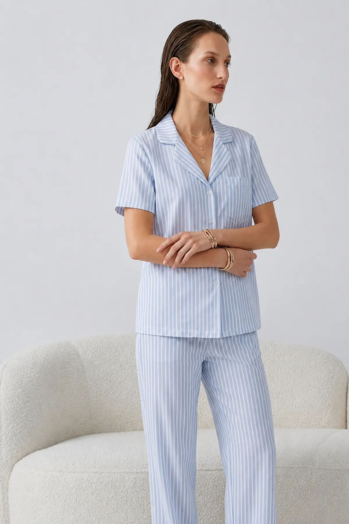 Regular V Yaka Günlük Mavi Pijama Takımı