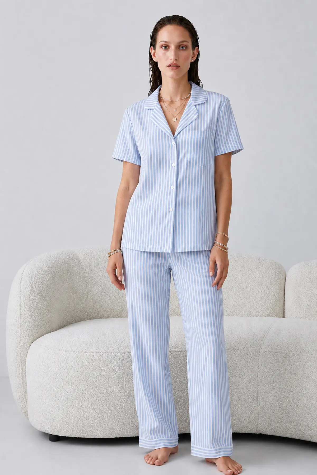 Regular V Yaka Günlük Mavi Pijama Takımı