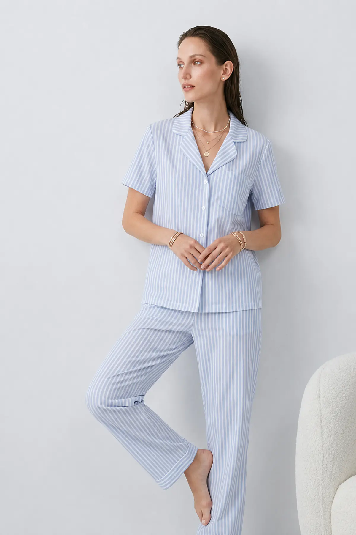 Regular V Yaka Günlük Mavi Pijama Takımı