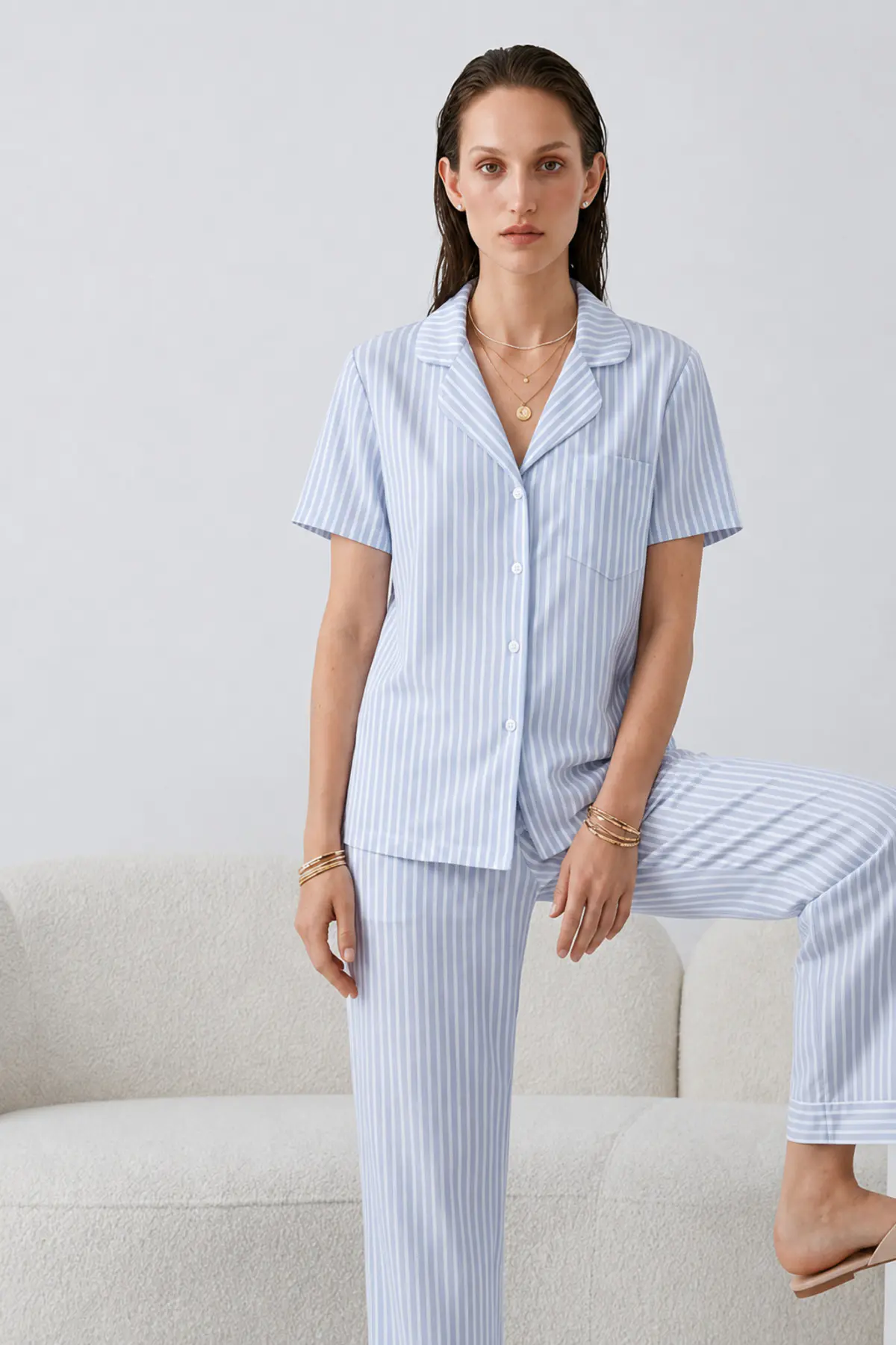 Regular V Yaka Günlük Mavi Pijama Takımı