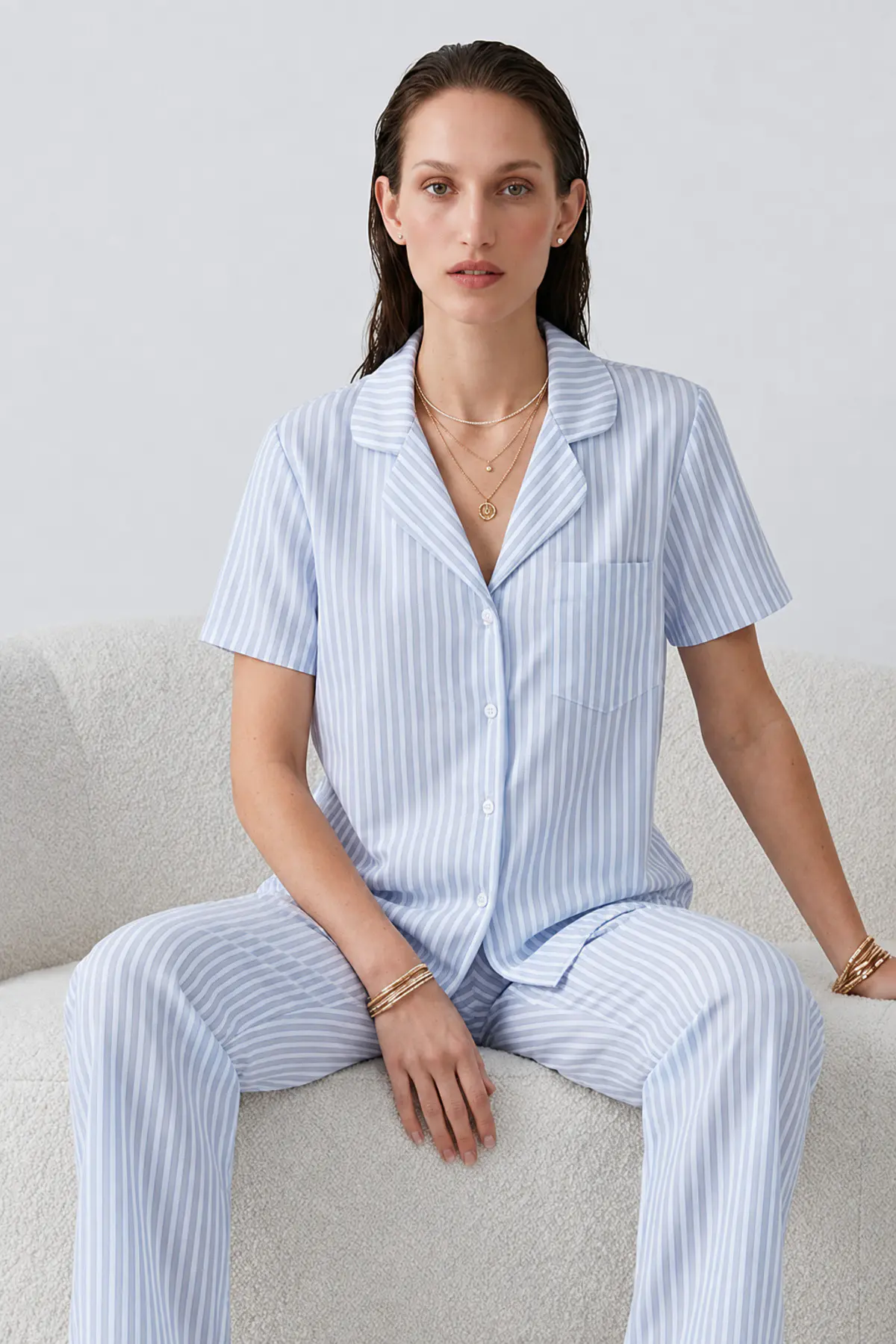 Regular V Yaka Günlük Mavi Pijama Takımı