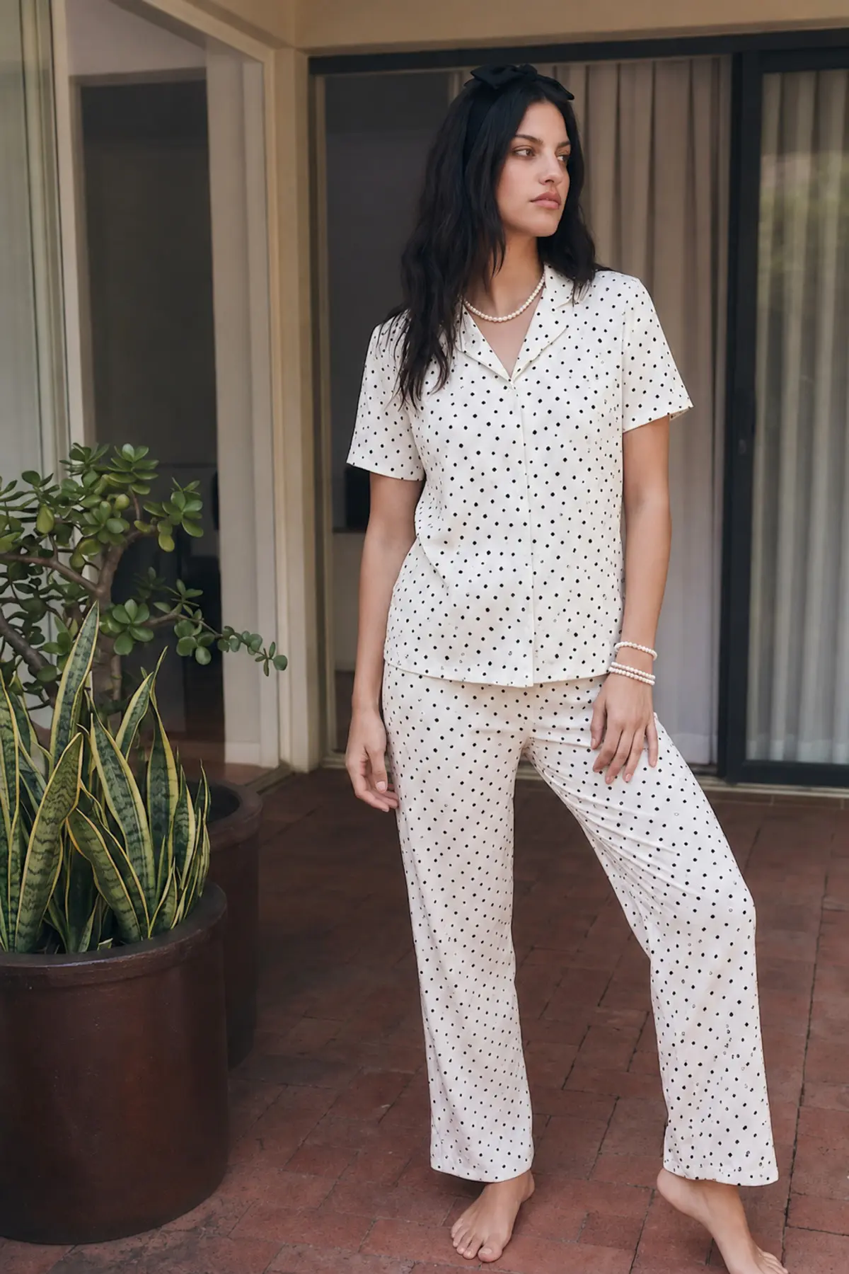 Viskon Karışım Homewear Kar Beyaz Pijama Takımı