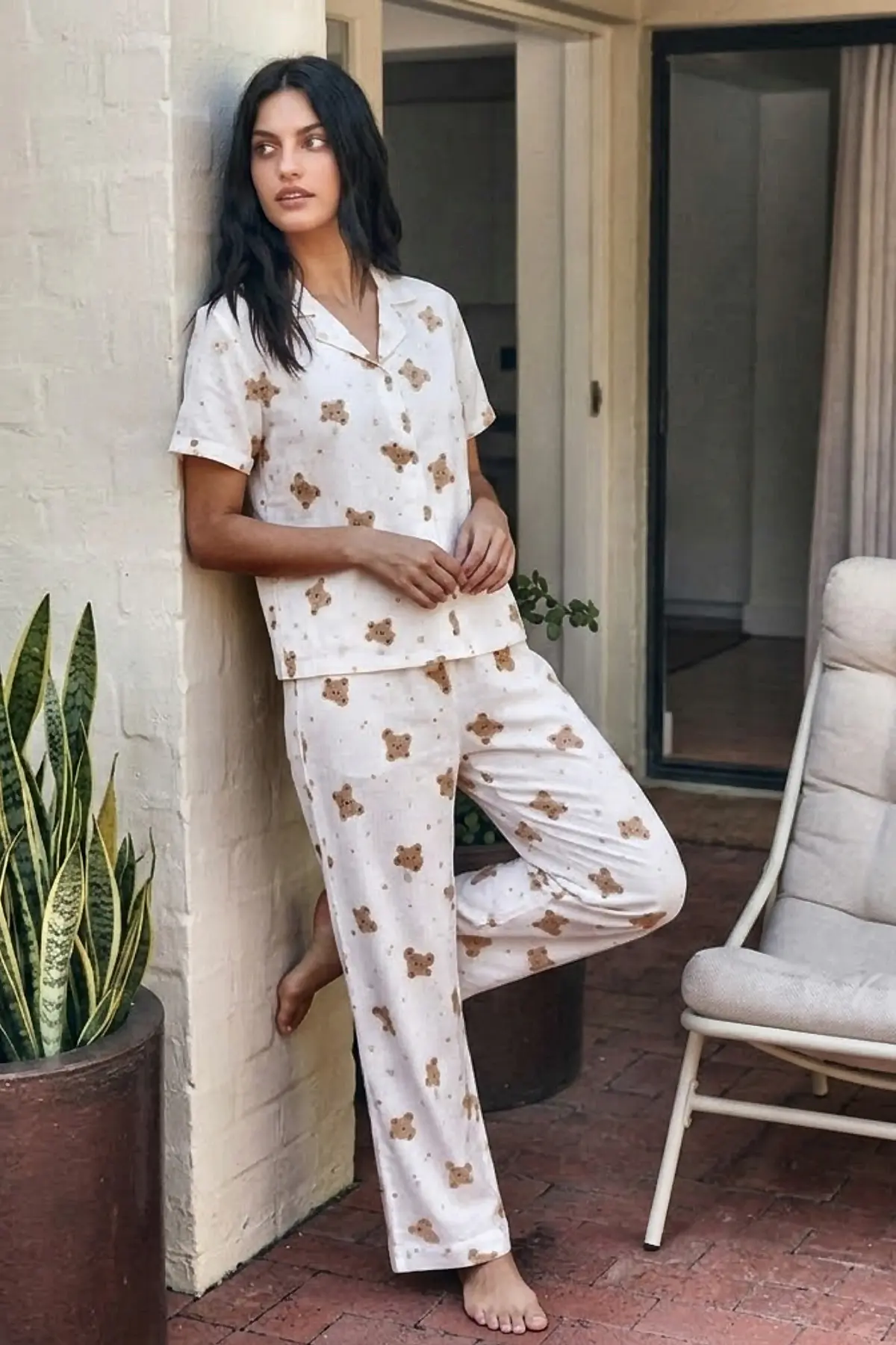 Viskon Karışım Homewear Kırık Beyaz Pijama Takımı