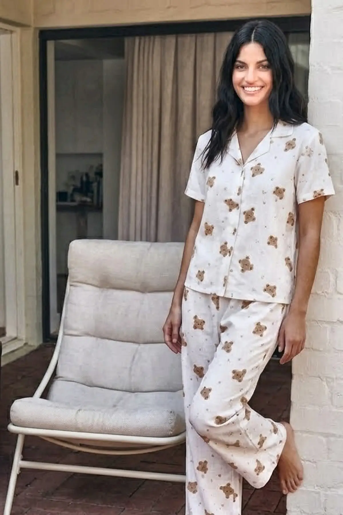 Viskon Karışım Homewear Kırık Beyaz Pijama Takımı