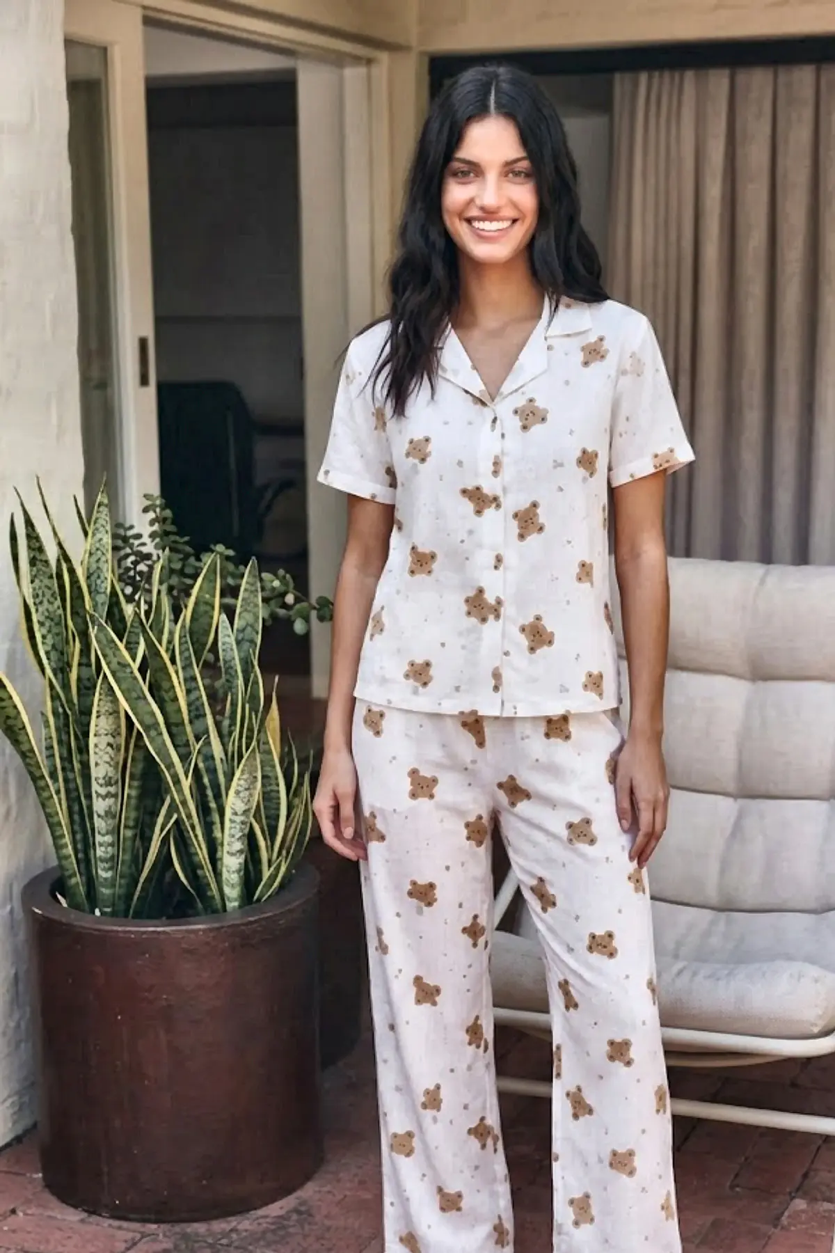 Viskon Karışım Homewear Kırık Beyaz Pijama Takımı