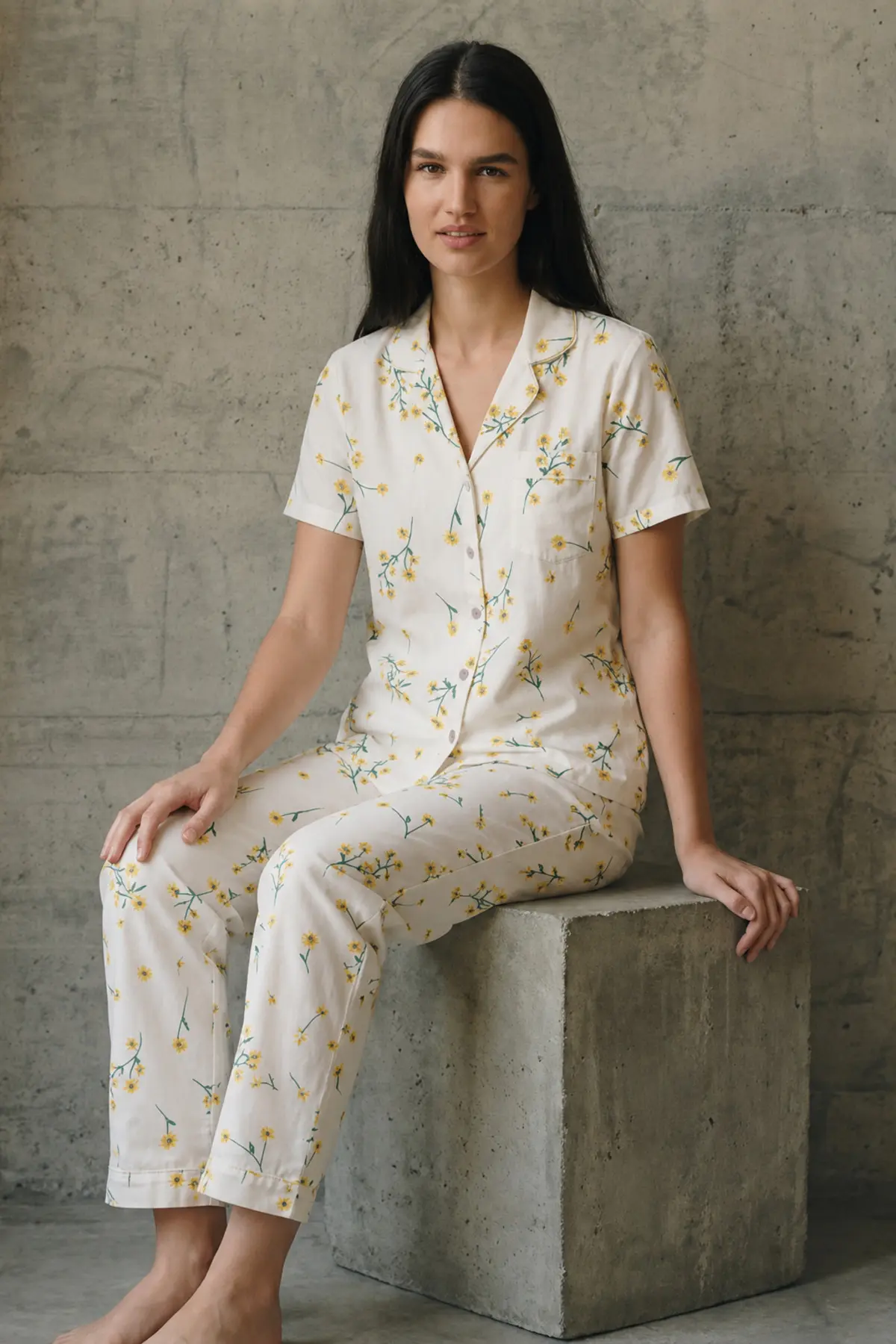 V Yaka Düğmeli Casual Çok Renkli Pijama Takımı