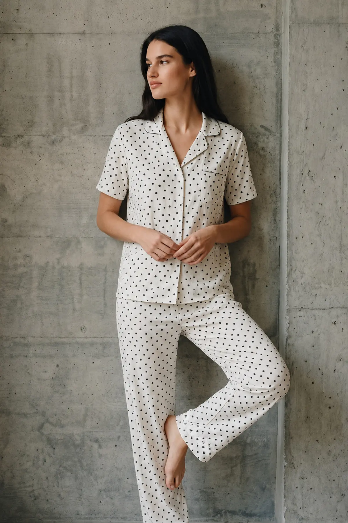 V Yaka Düğmeli Casual Kar Beyaz Pijama Takımı