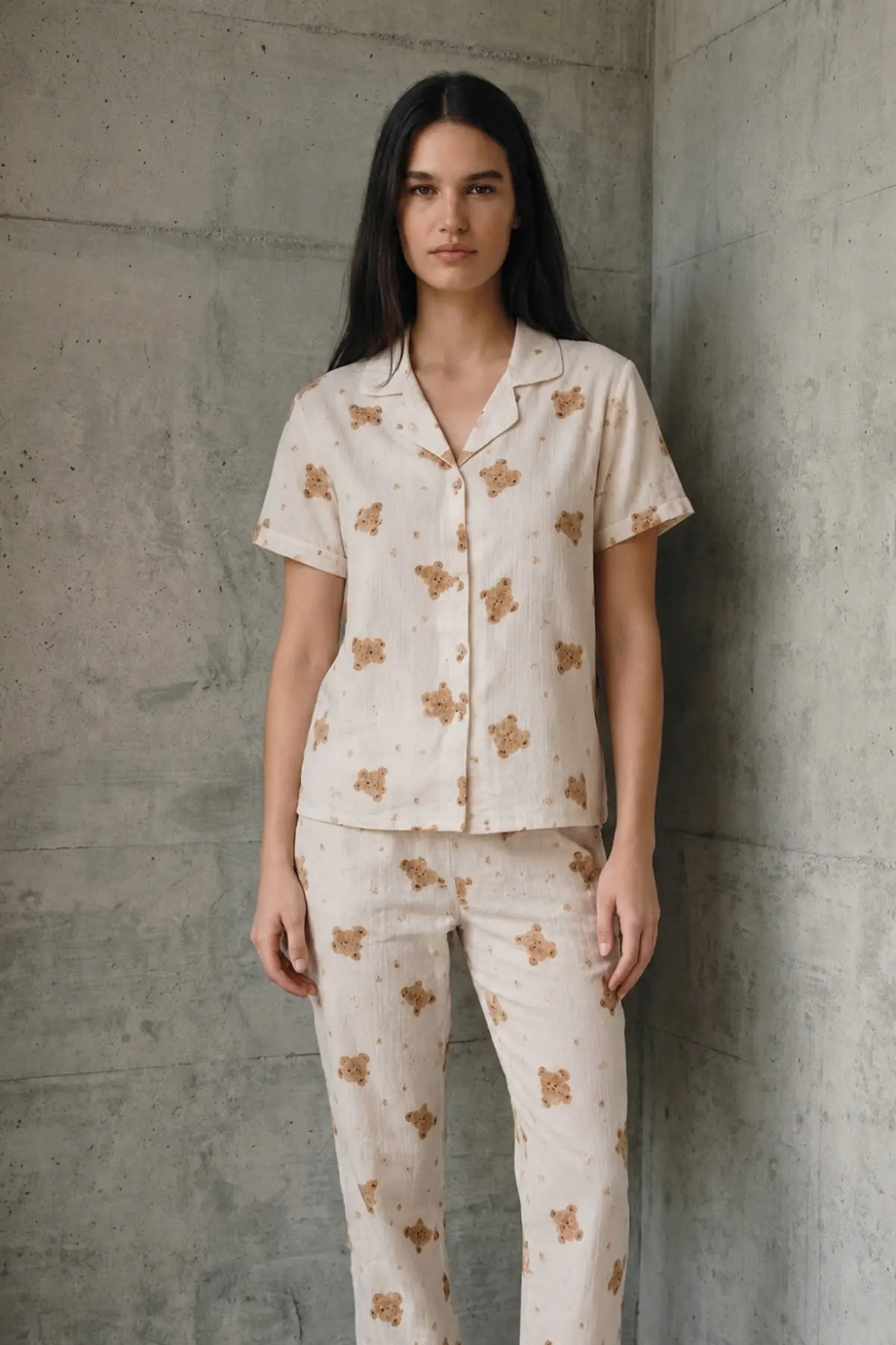 V Yaka Düğmeli Casual Kırık Beyaz Pijama Takımı