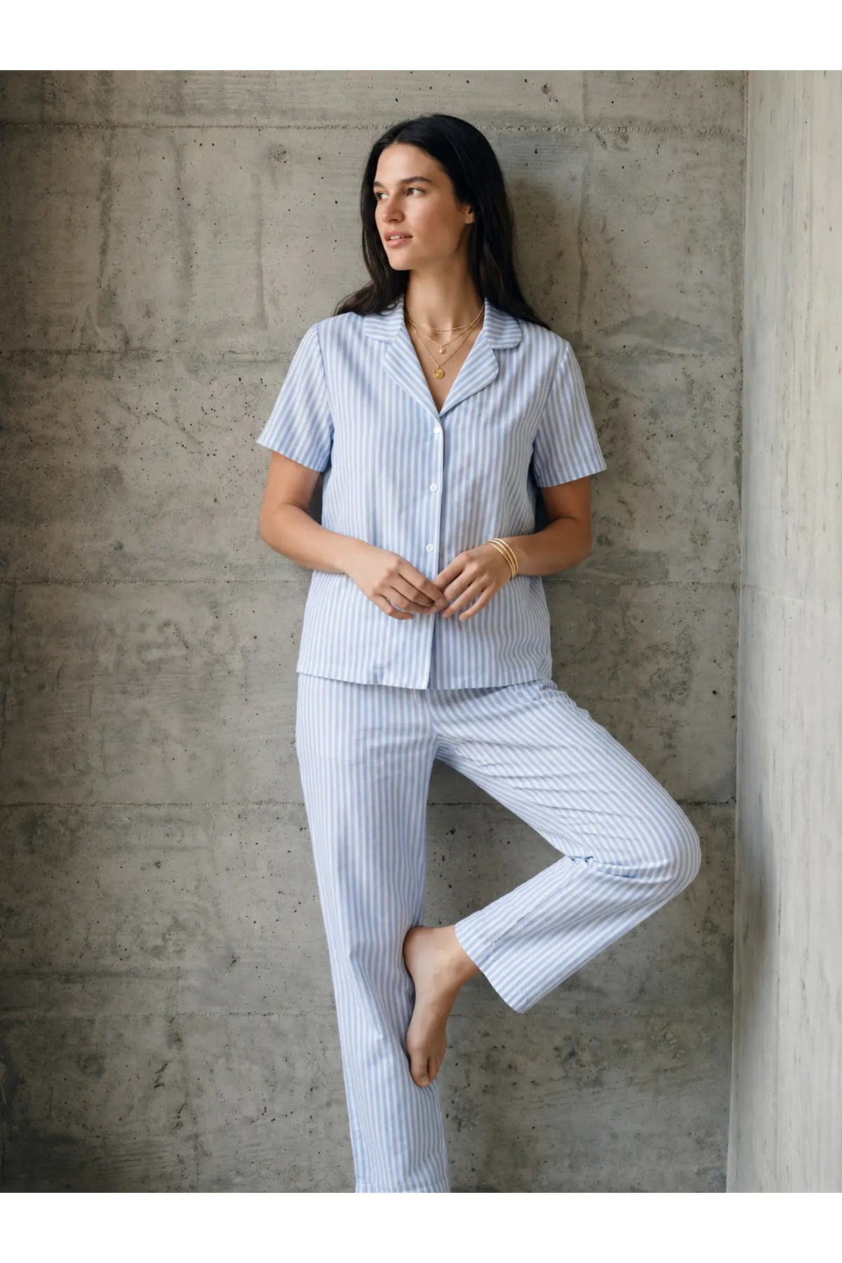 V Yaka Düğmeli Casual Mavi Pijama Takımı