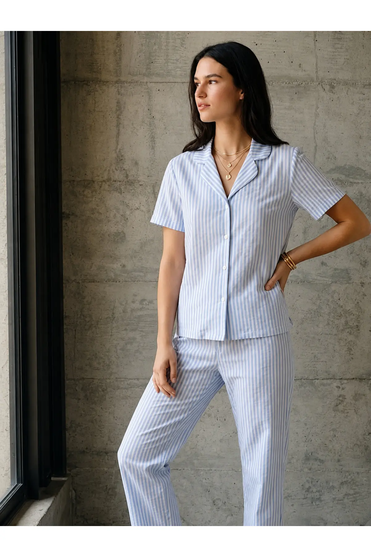 V Yaka Düğmeli Casual Mavi Pijama Takımı