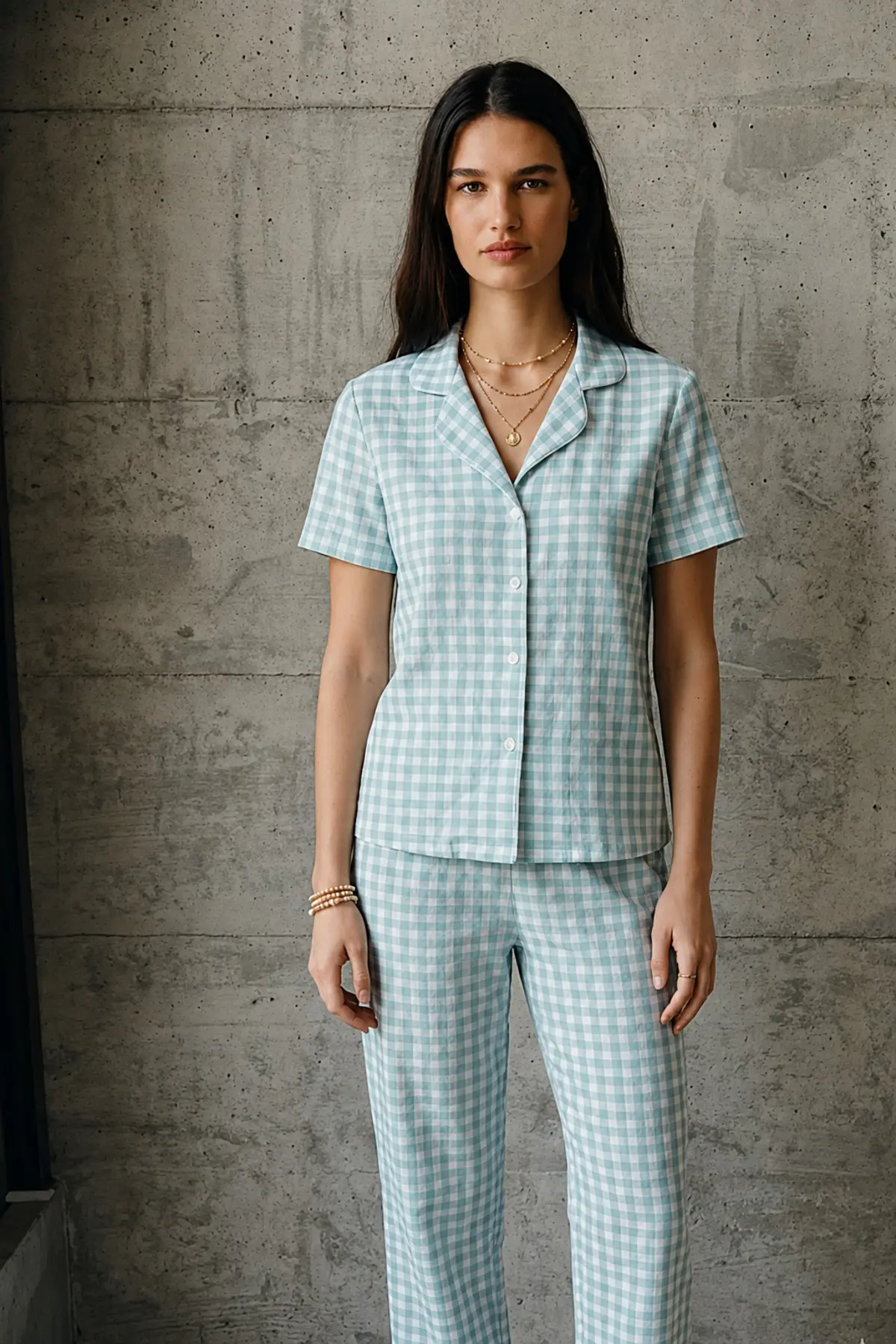 V Yaka Düğmeli Casual Su Yeşili Pijama Takımı