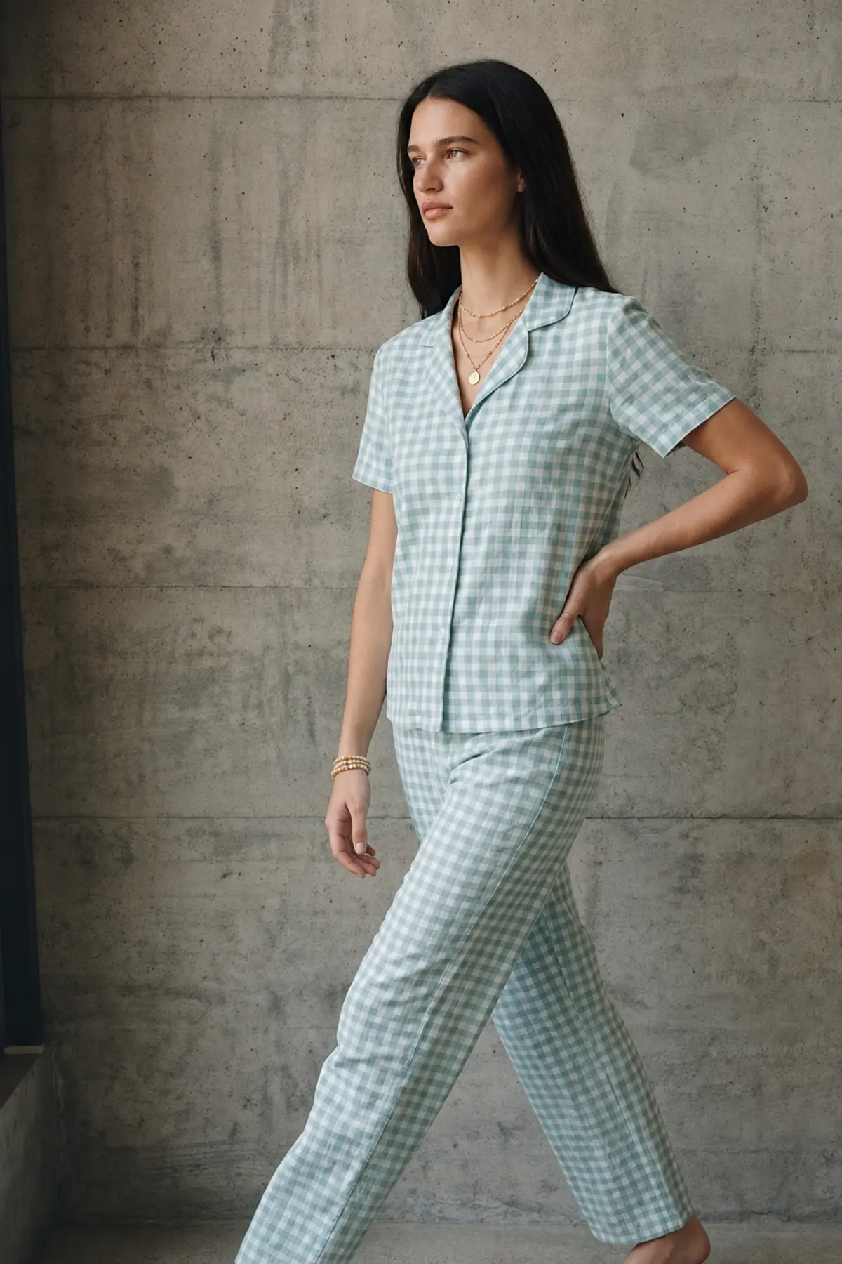 V Yaka Düğmeli Casual Su Yeşili Pijama Takımı