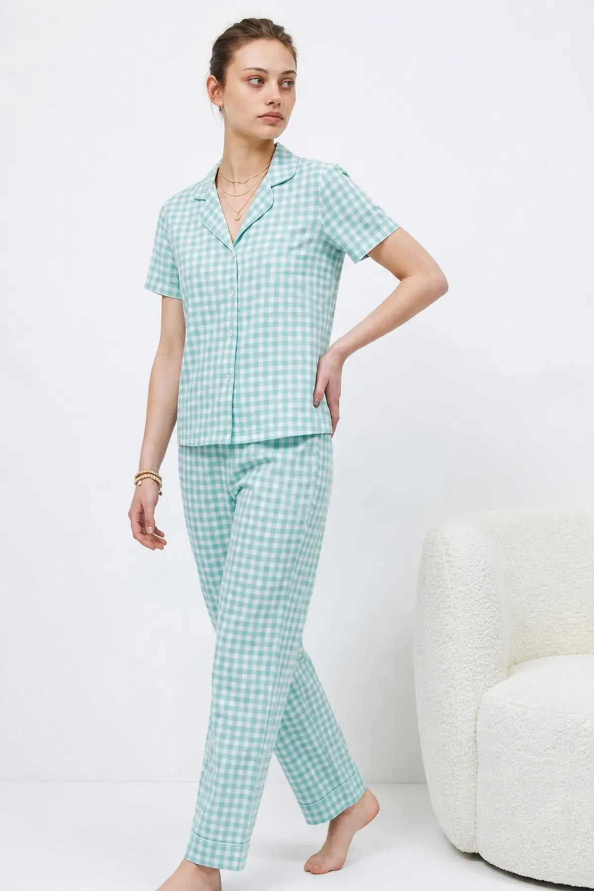 V Yaka Kapama Lastik Bel Su Yeşili Pijama Takımı