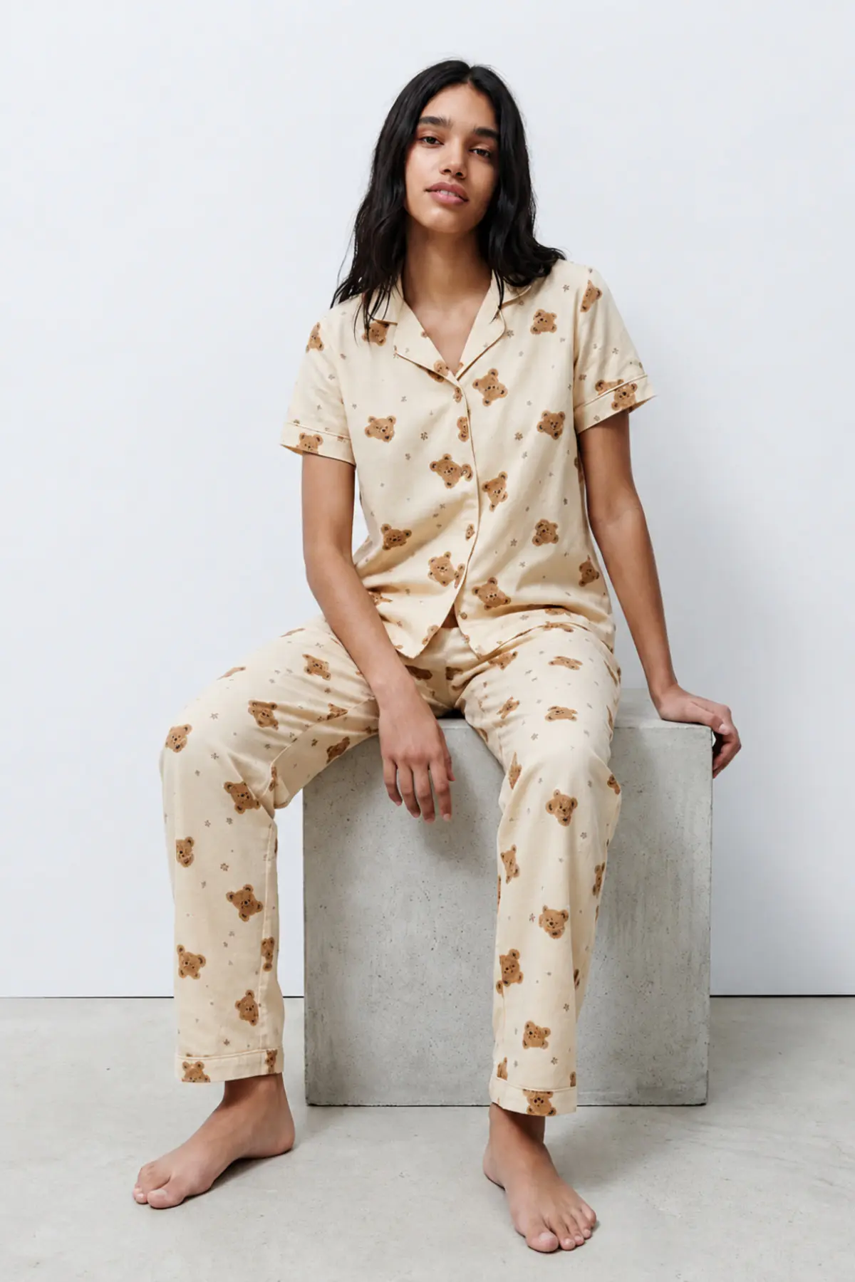Standart Boy Elastanlı Kırık Beyaz Pijama Takımı