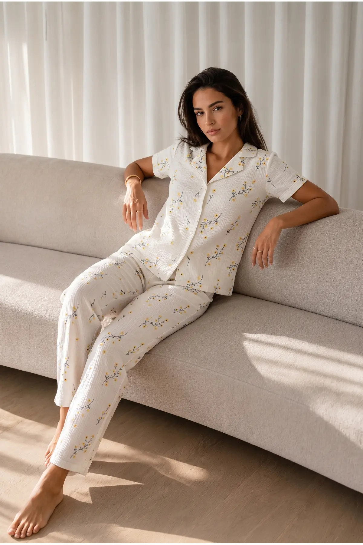 Kadın Loose Uzun Paça Pamuk Çok Renkli Pijama Takımı