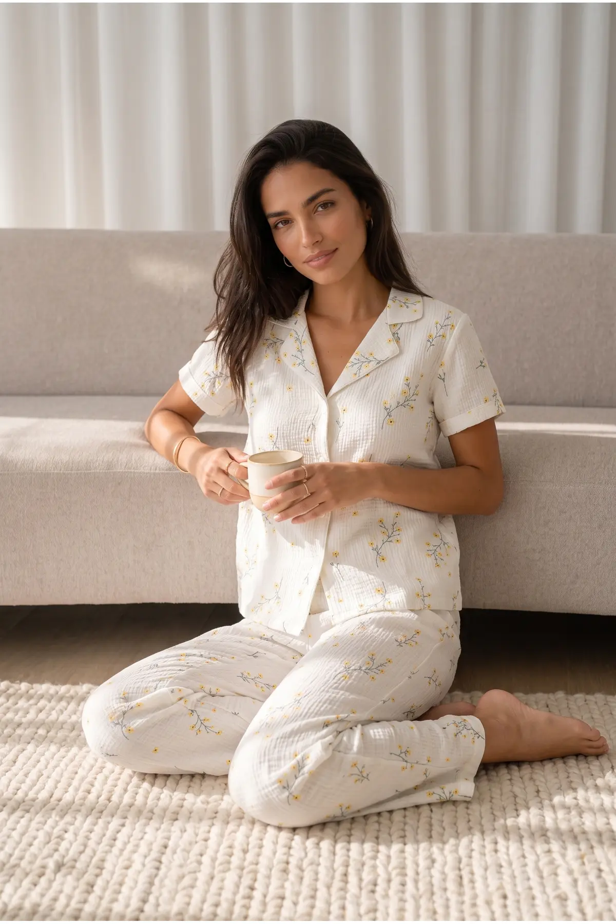 Kadın Loose Uzun Paça Pamuk Çok Renkli Pijama Takımı