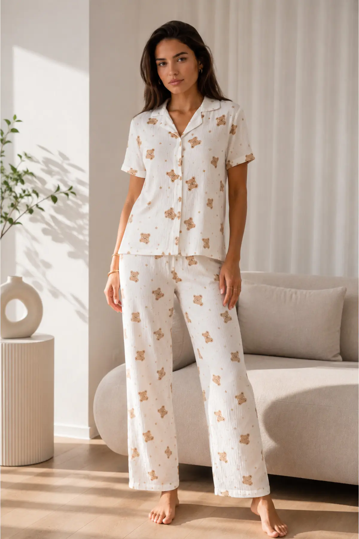 Kadın Loose Uzun Paça Pamuk Kırık Beyaz Pijama Takımı