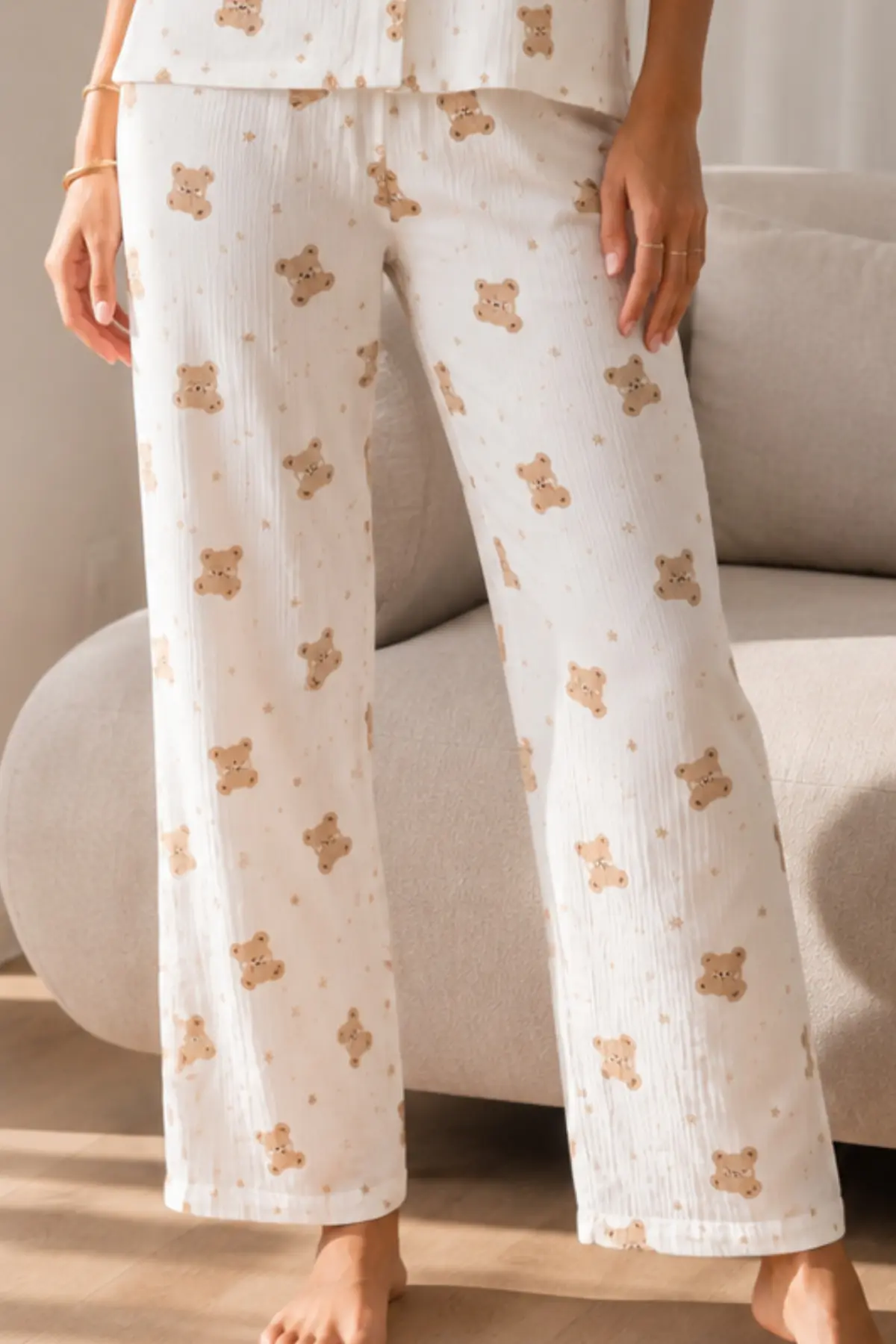 Kadın Loose Uzun Paça Pamuk Kırık Beyaz Pijama Takımı