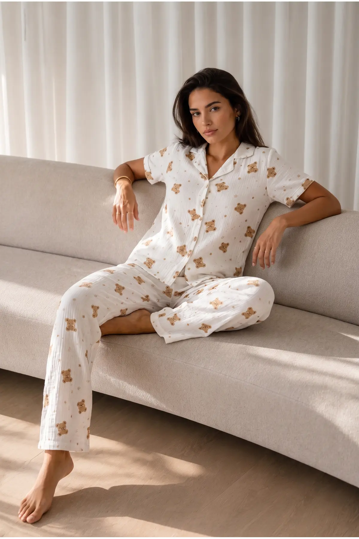 Kadın Loose Uzun Paça Pamuk Kırık Beyaz Pijama Takımı